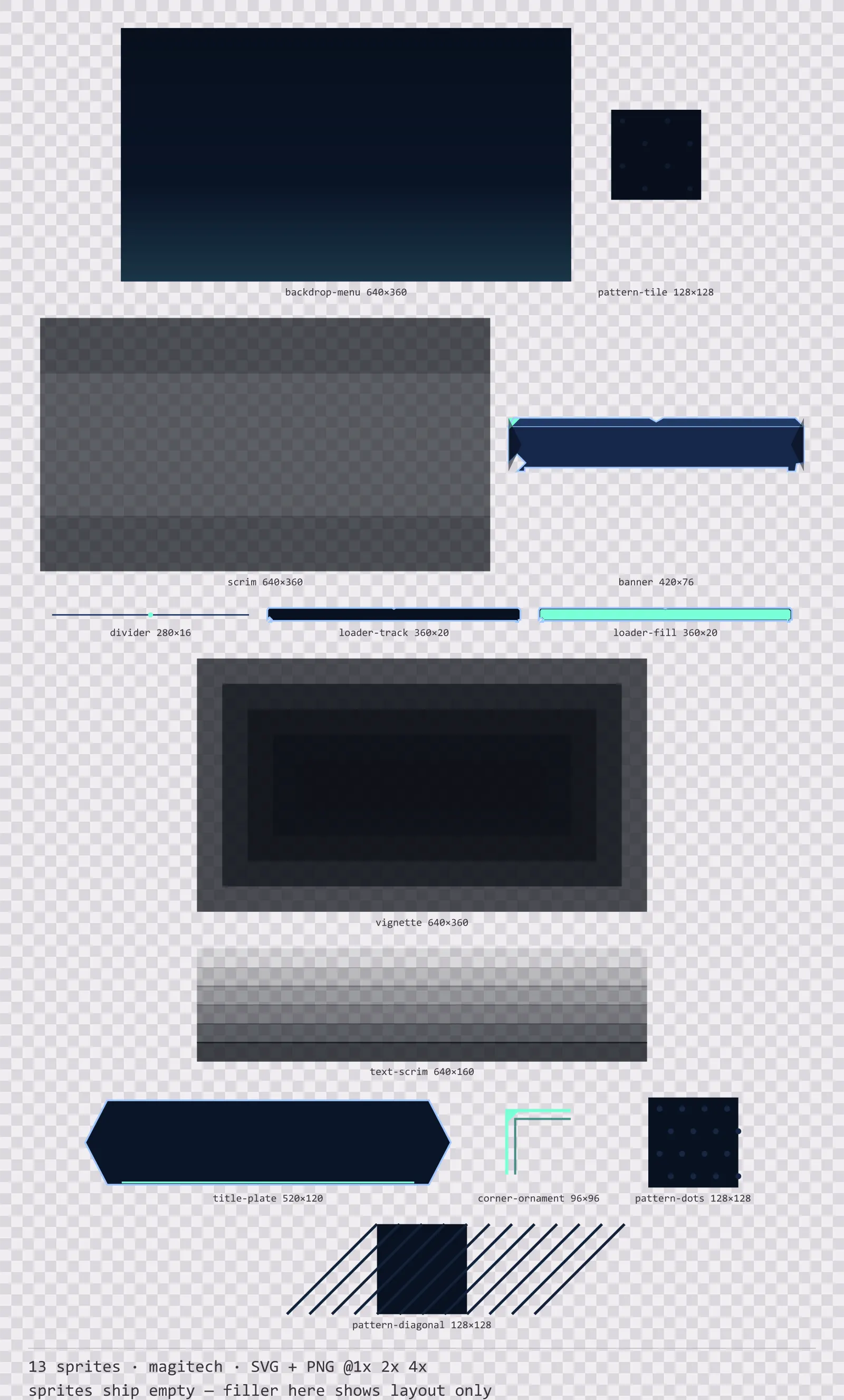 Sheet showing 13 magitech background and overlay pieces from the Aetherlab family, arranged on a transparency checkerboard with their pixel sizes printed underneath