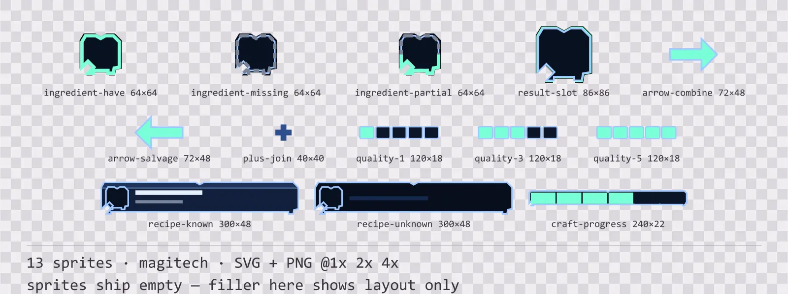 Sheet showing 13 magitech crafting and recipe widgets from the Aetherlab family, arranged on a transparency checkerboard with their pixel sizes printed underneath