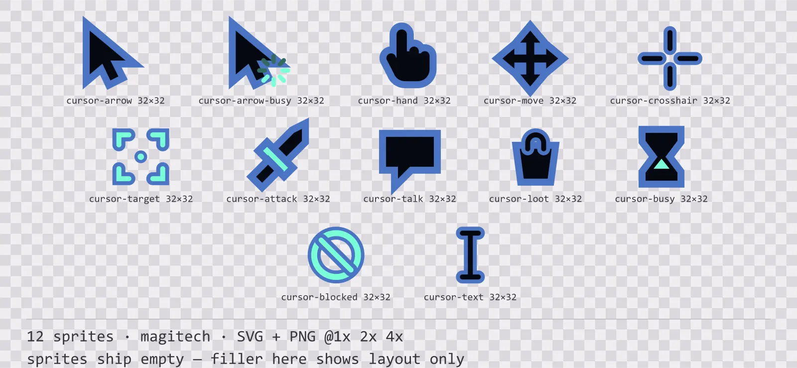 Sheet showing 12 magitech mouse cursors from the Aetherlab family, arranged on a transparency checkerboard with their pixel sizes printed underneath