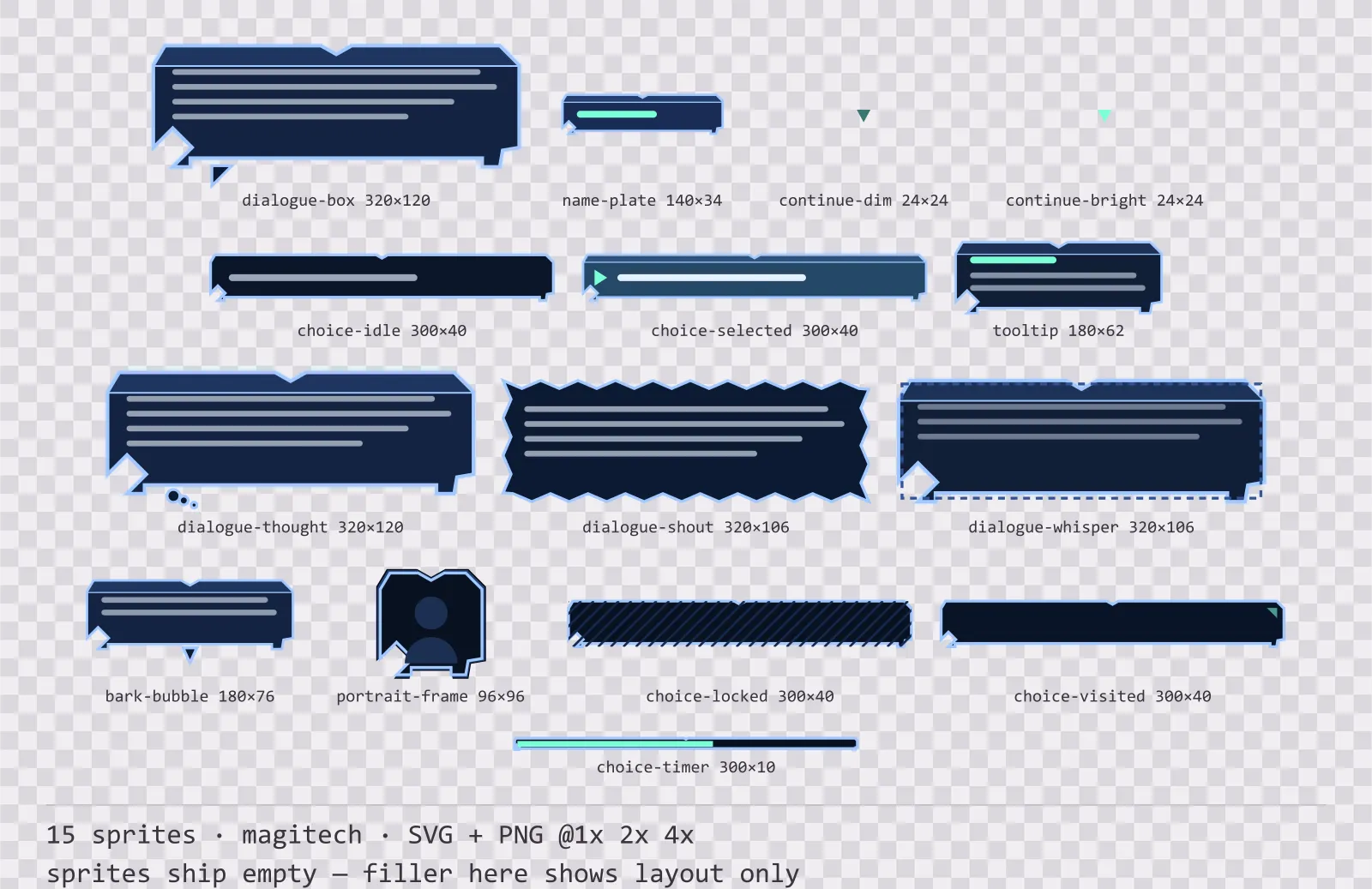 Sheet showing 15 magitech dialogue components from the Aetherlab family, arranged on a transparency checkerboard with their pixel sizes printed underneath