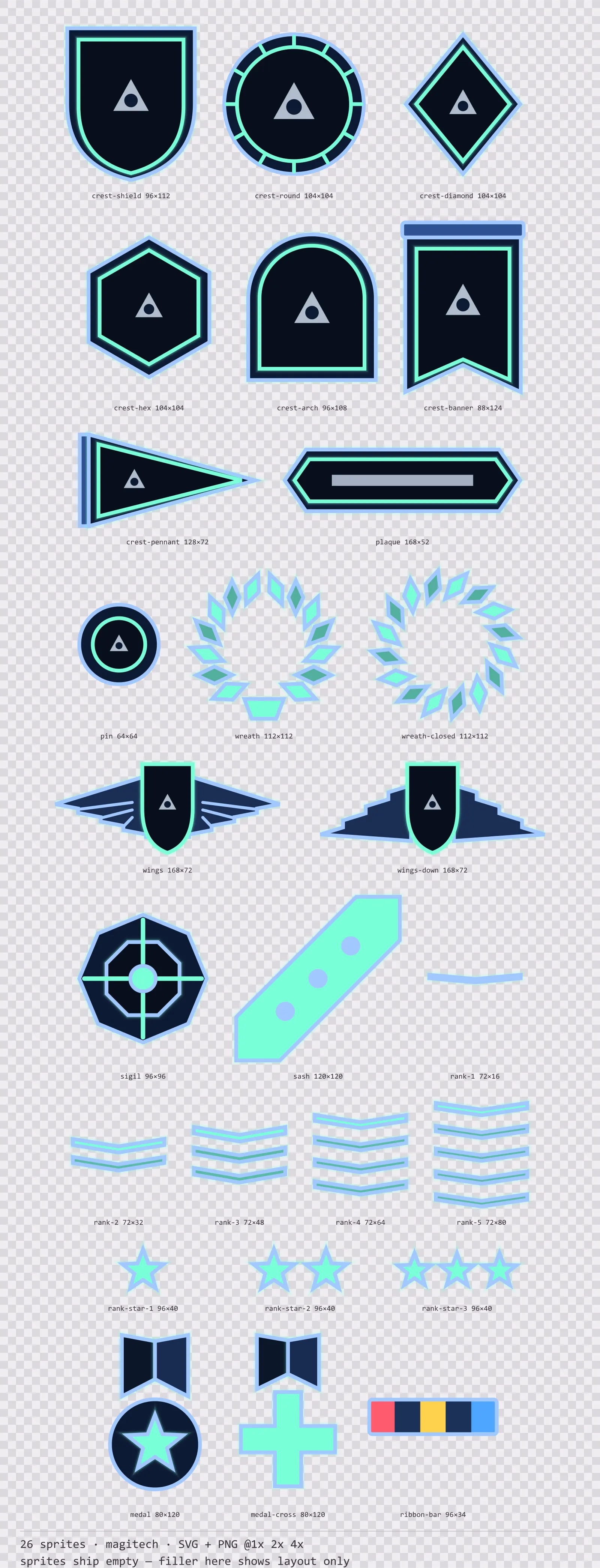 Sheet showing 26 magitech crests, insignia and rank marks from the Aetherlab family, arranged on a transparency checkerboard with their pixel sizes printed underneath