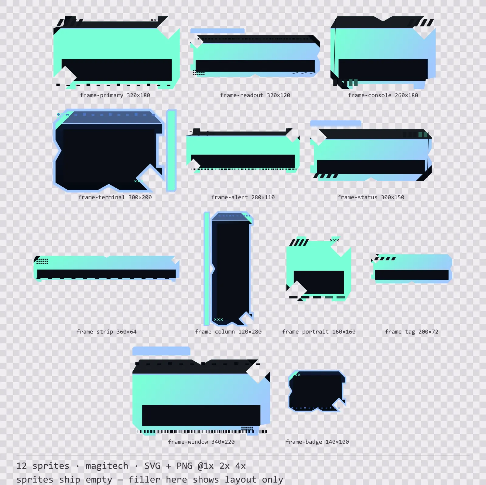 Sheet showing 12 magitech HUD frames from the Aetherlab family, arranged on a transparency checkerboard with their pixel sizes printed underneath