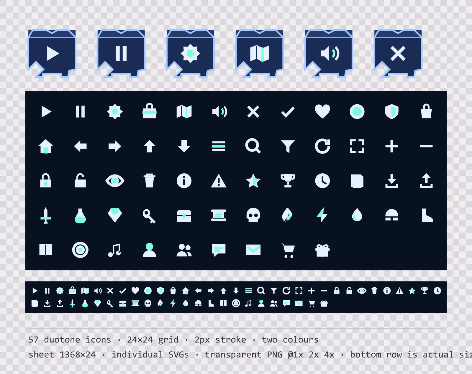 57 two-tone game menu icons on cold aether tiles, shown large, laid out on a sheet grid, and again at actual 24 pixel size