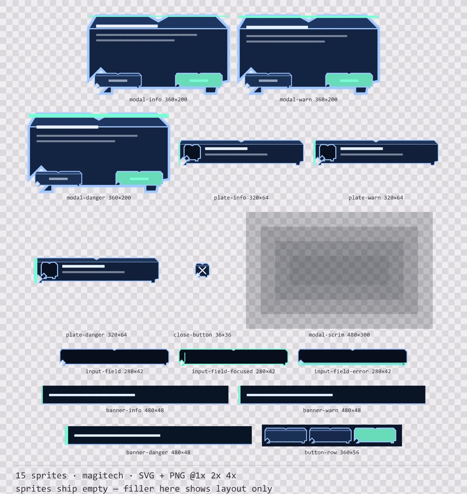 Sheet showing 15 magitech modal dialogs and system notices from the Aetherlab family, arranged on a transparency checkerboard with their pixel sizes printed underneath