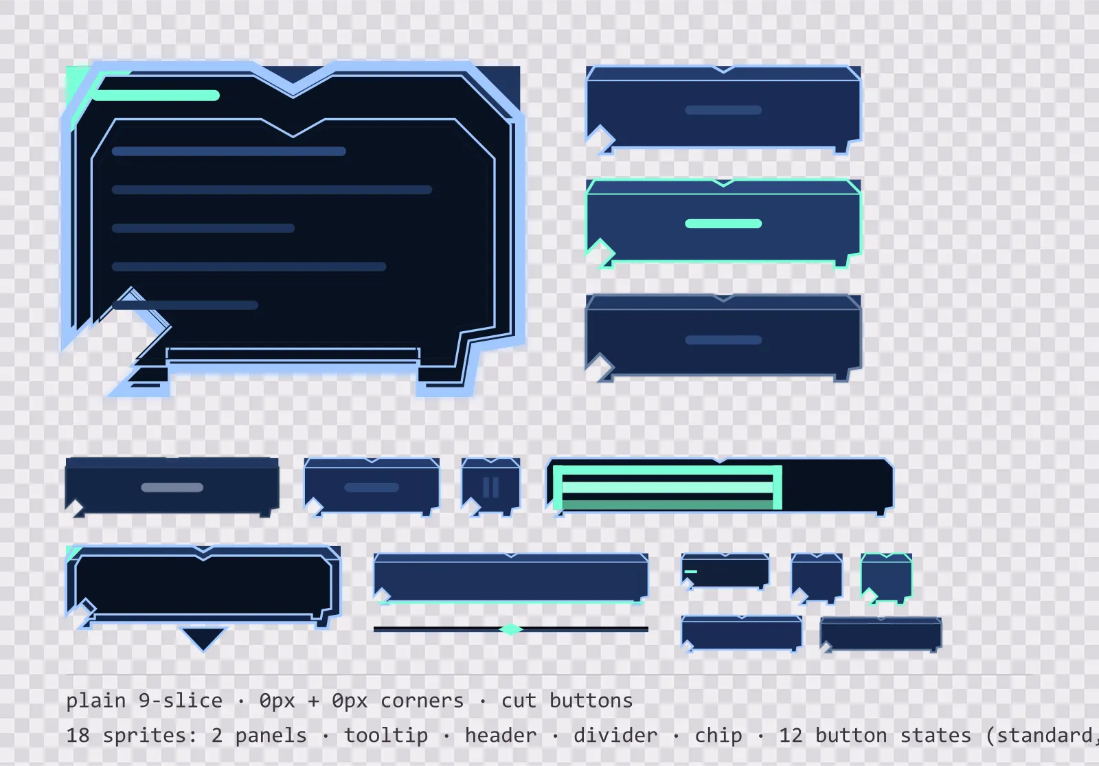 cold aether game menu panel with a aether cyan title strip and a recessed list area, next to a column showing the same chamfered button in default, outlined hover and pushed-in pressed states