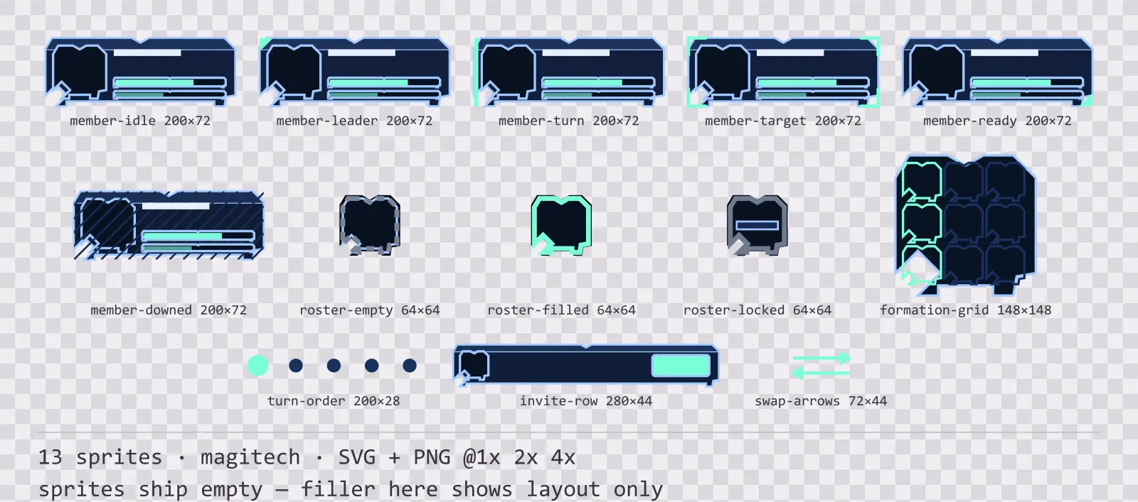 Sheet showing 13 magitech party and roster widgets from the Aetherlab family, arranged on a transparency checkerboard with their pixel sizes printed underneath