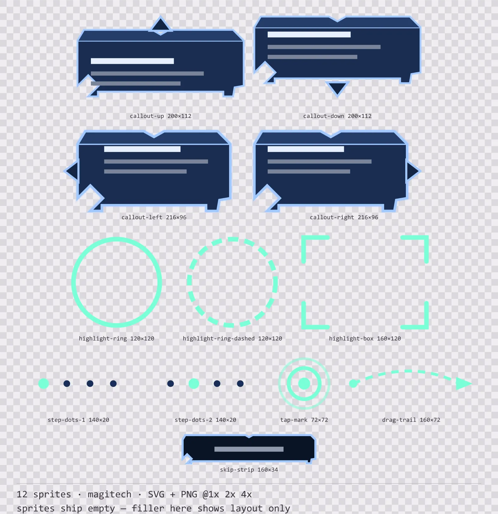Sheet showing 12 magitech tutorial and onboarding markers from the Aetherlab family, arranged on a transparency checkerboard with their pixel sizes printed underneath