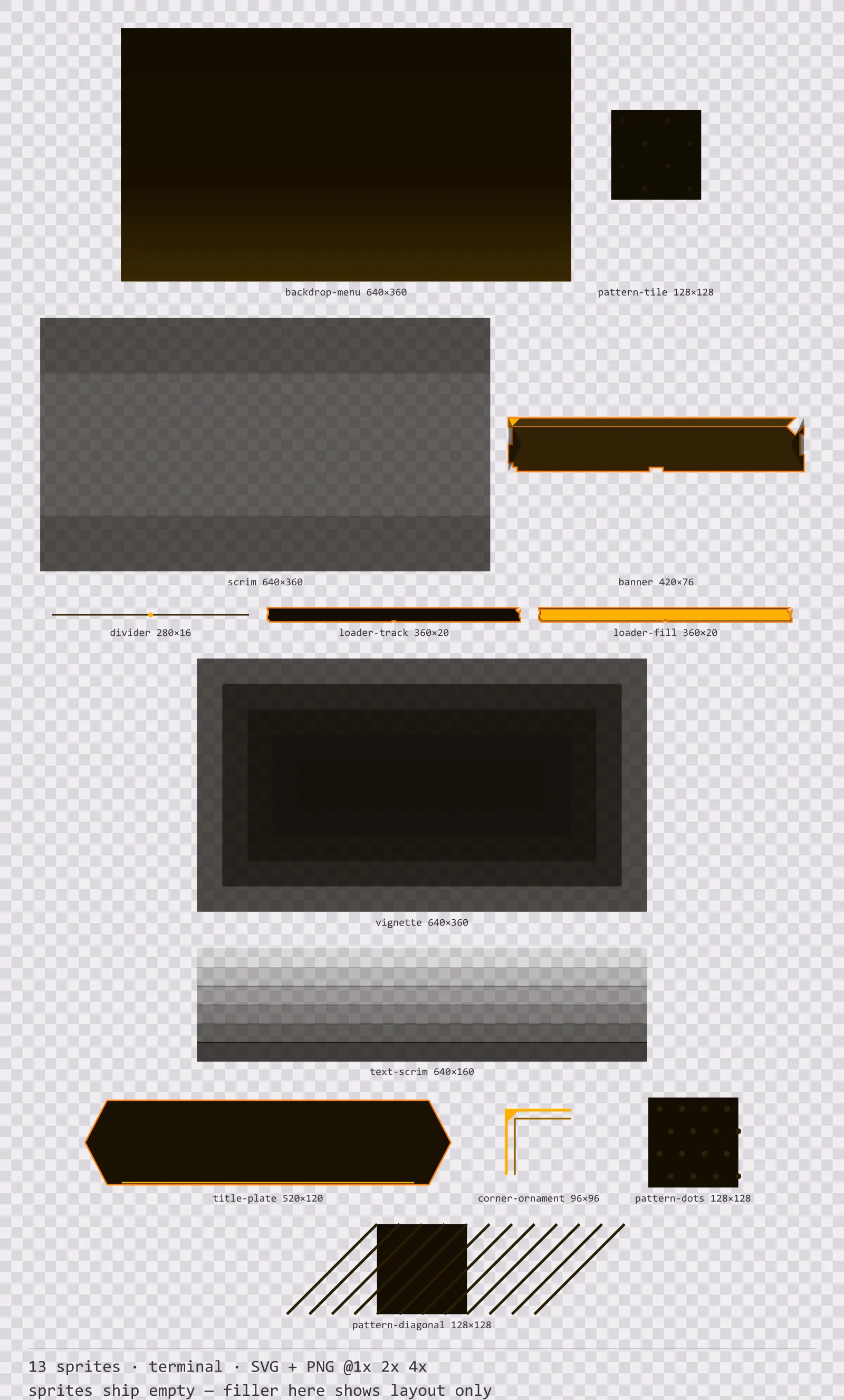 Sheet showing 13 terminal background and overlay pieces from the Amberterm family, arranged on a transparency checkerboard with their pixel sizes printed underneath
