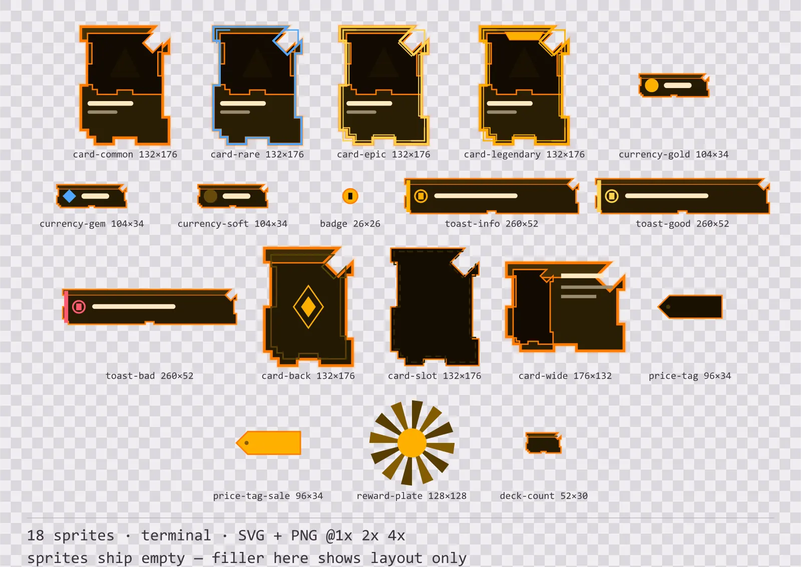 Sheet showing 18 terminal card, currency and notification components from the Amberterm family, arranged on a transparency checkerboard with their pixel sizes printed underneath