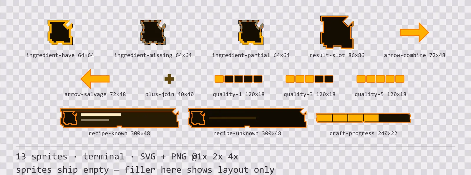 Sheet showing 13 terminal crafting and recipe widgets from the Amberterm family, arranged on a transparency checkerboard with their pixel sizes printed underneath