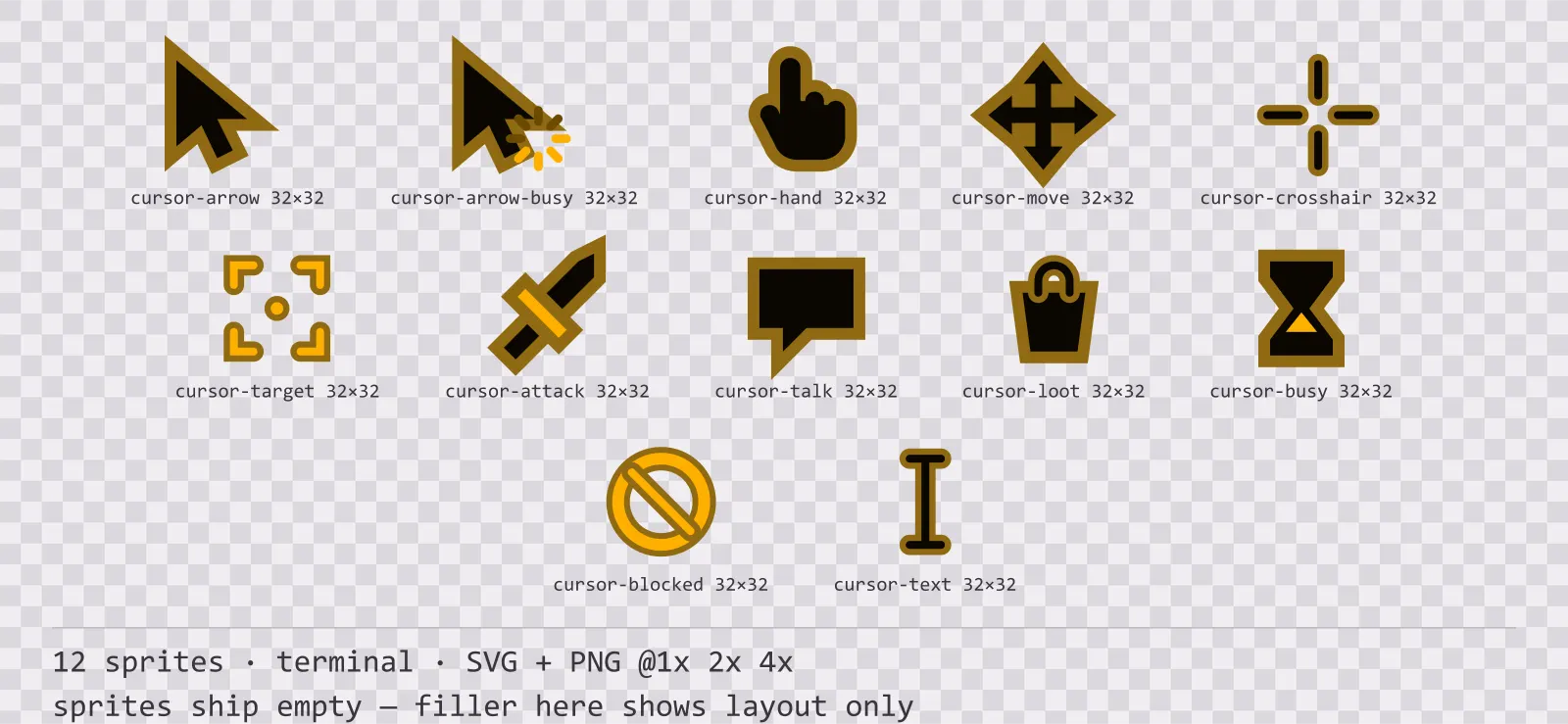 Sheet showing 12 terminal mouse cursors from the Amberterm family, arranged on a transparency checkerboard with their pixel sizes printed underneath