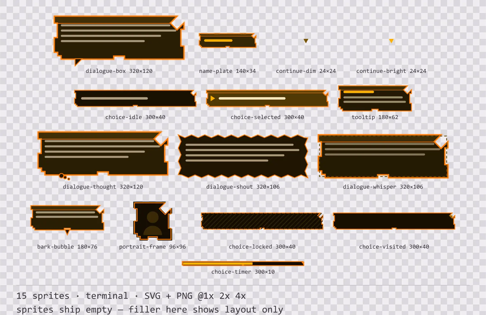 Sheet showing 15 terminal dialogue components from the Amberterm family, arranged on a transparency checkerboard with their pixel sizes printed underneath