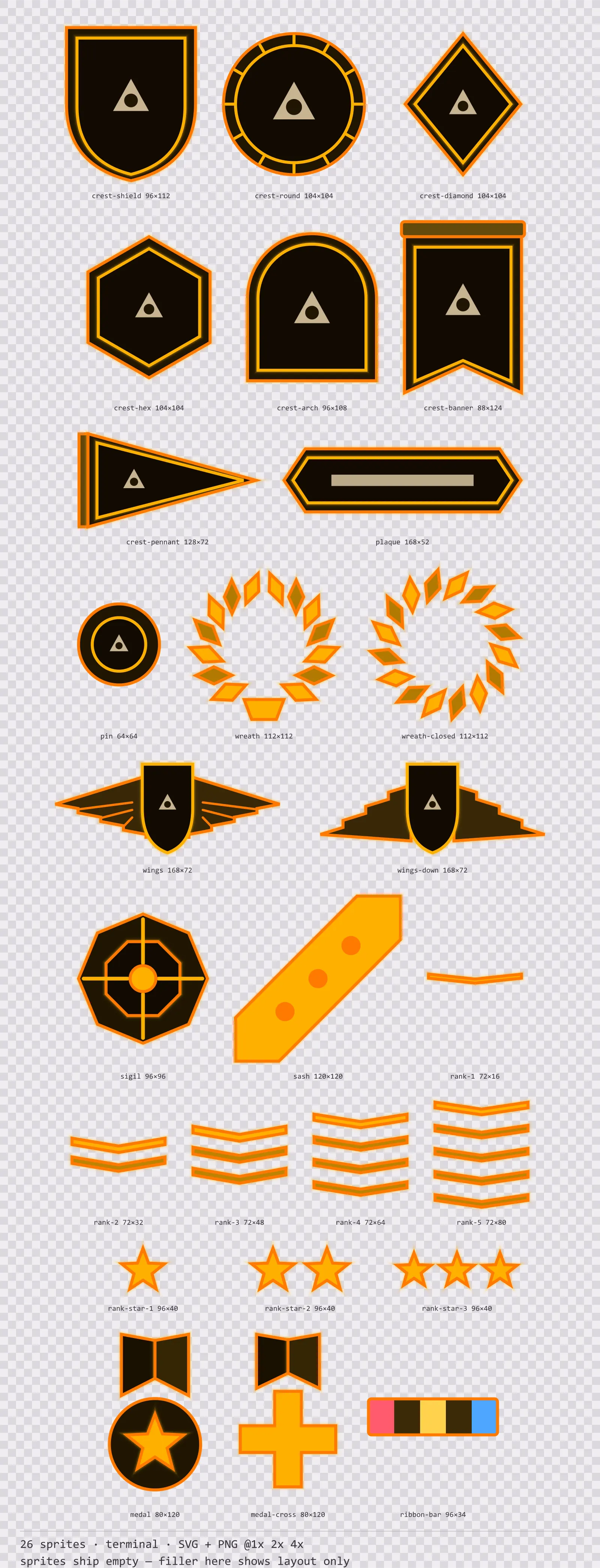 Sheet showing 26 terminal crests, insignia and rank marks from the Amberterm family, arranged on a transparency checkerboard with their pixel sizes printed underneath