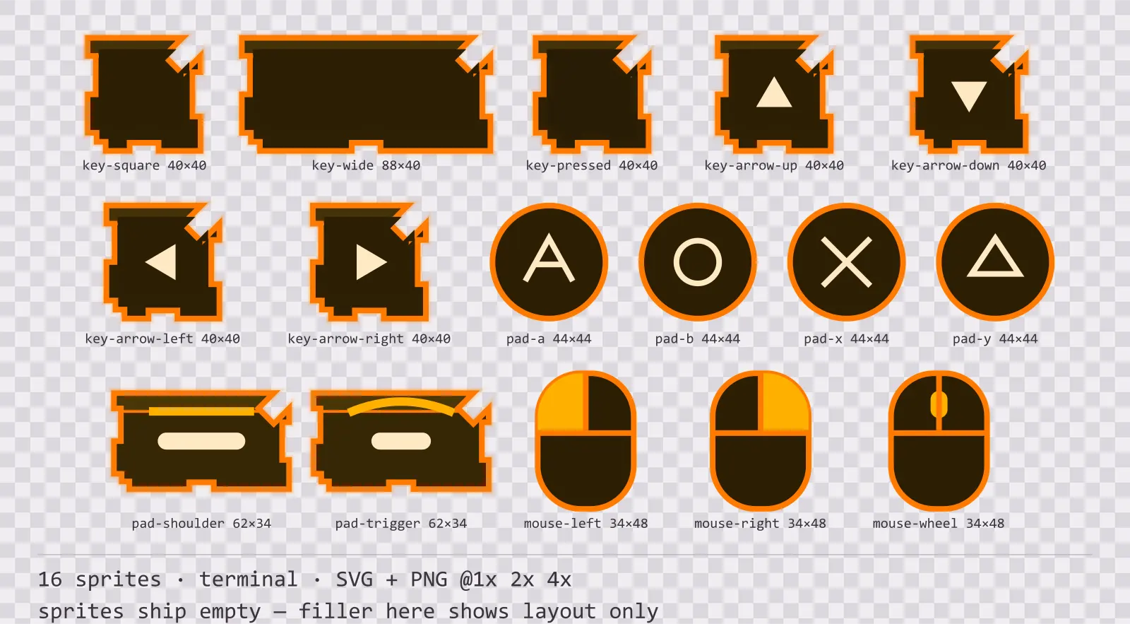 Sheet showing 16 terminal input prompt sprites from the Amberterm family, arranged on a transparency checkerboard with their pixel sizes printed underneath