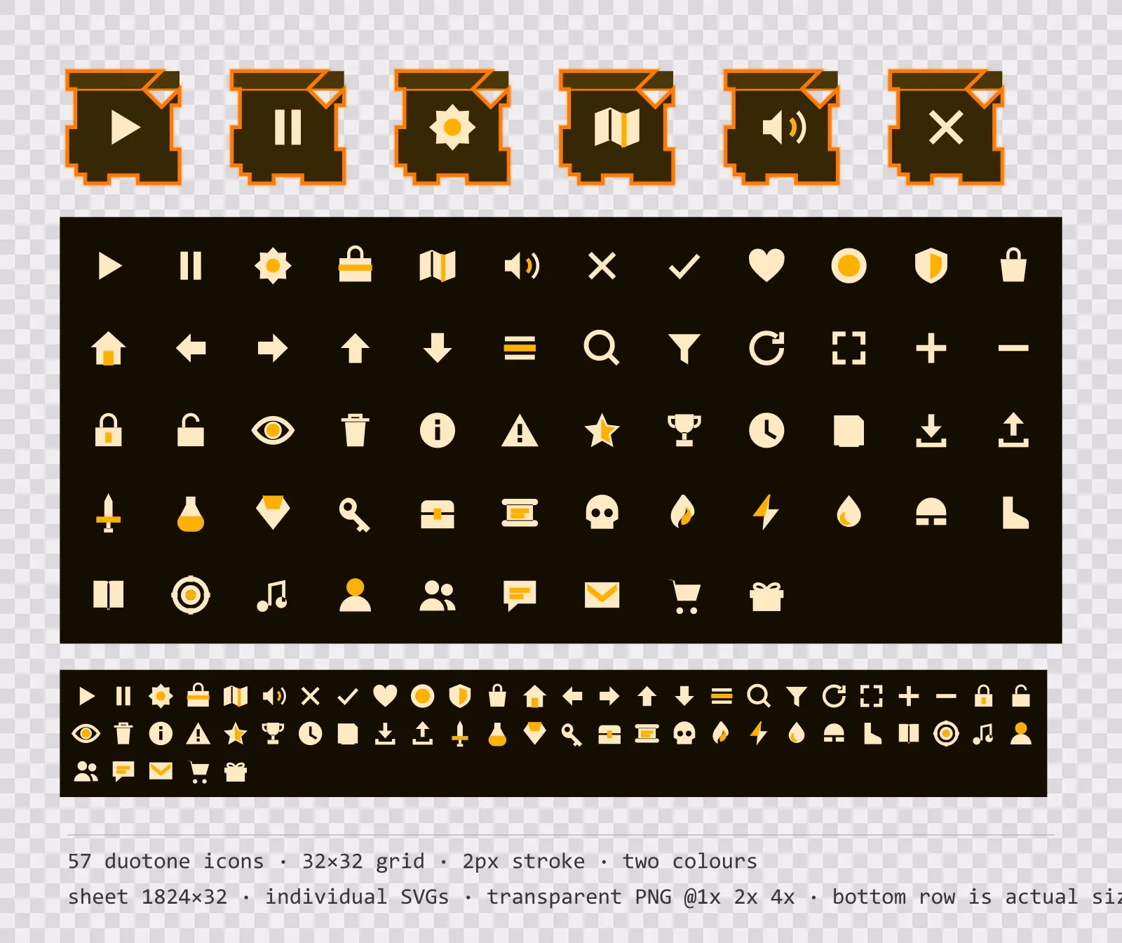 57 two-tone game menu icons on amber CRT tiles, shown large, laid out on a sheet grid, and again at actual 32 pixel size