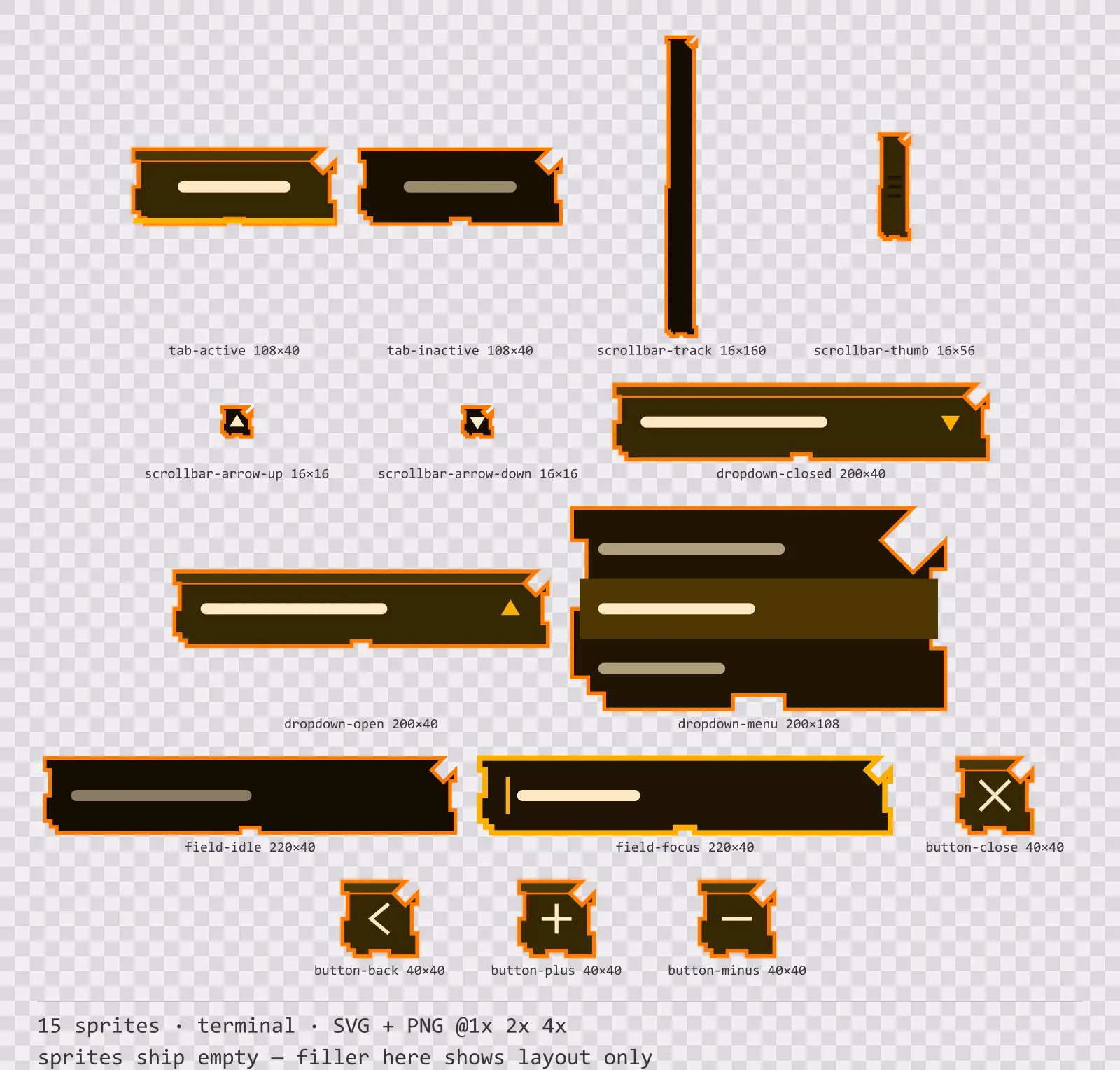 Sheet showing 15 terminal navigation and input components from the Amberterm family, arranged on a transparency checkerboard with their pixel sizes printed underneath