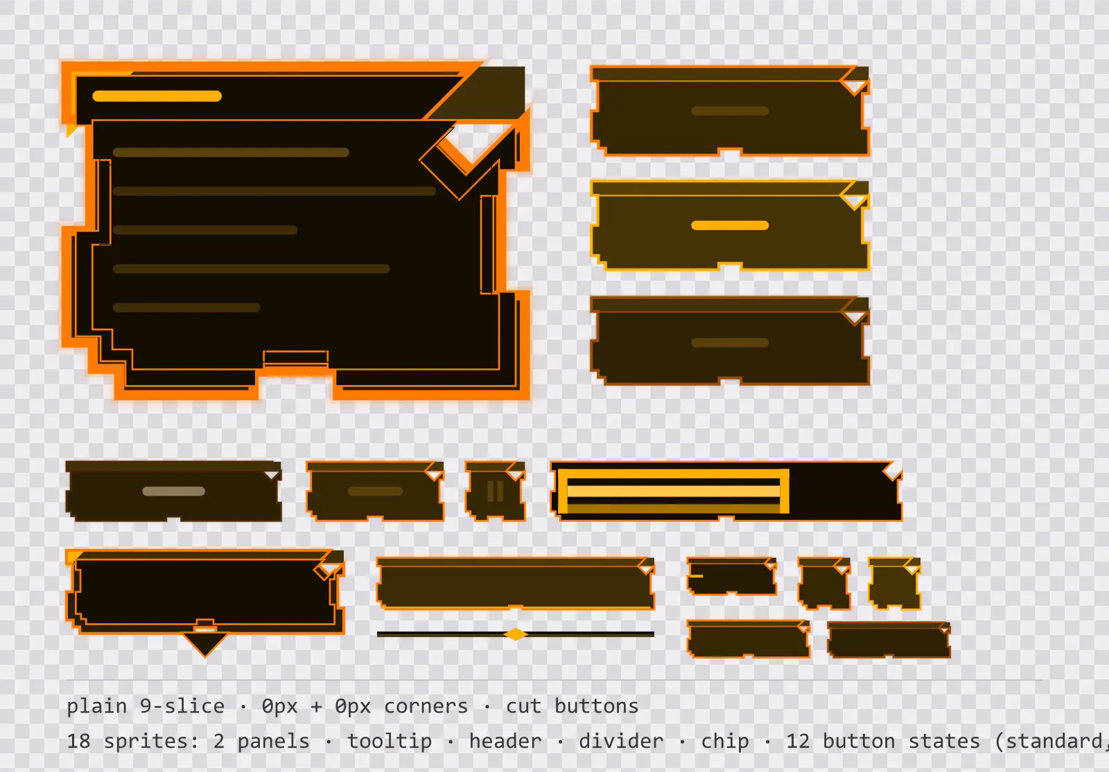 amber CRT game menu panel with a CRT amber title strip and a recessed list area, next to a column showing the same chamfered button in default, outlined hover and pushed-in pressed states