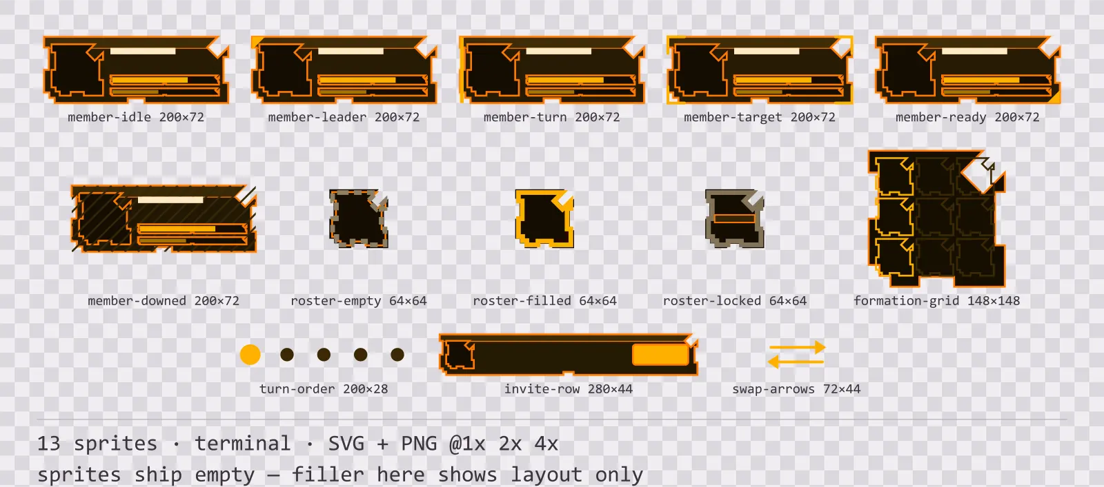 Sheet showing 13 terminal party and roster widgets from the Amberterm family, arranged on a transparency checkerboard with their pixel sizes printed underneath