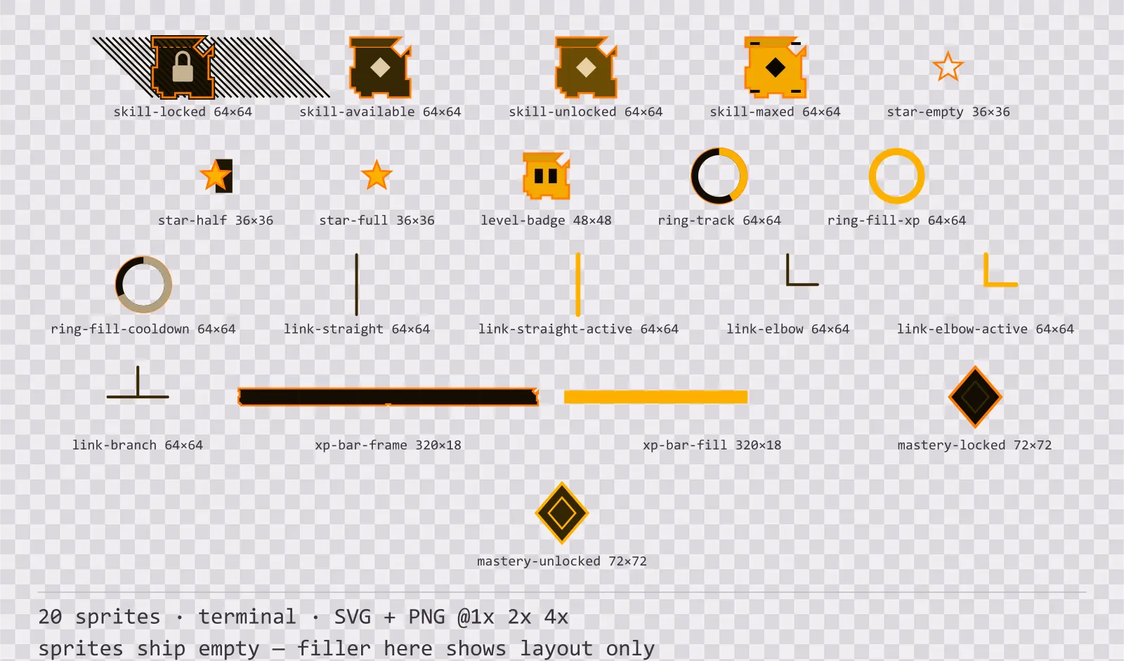 Sheet showing 20 terminal progression and reward components from the Amberterm family, arranged on a transparency checkerboard with their pixel sizes printed underneath