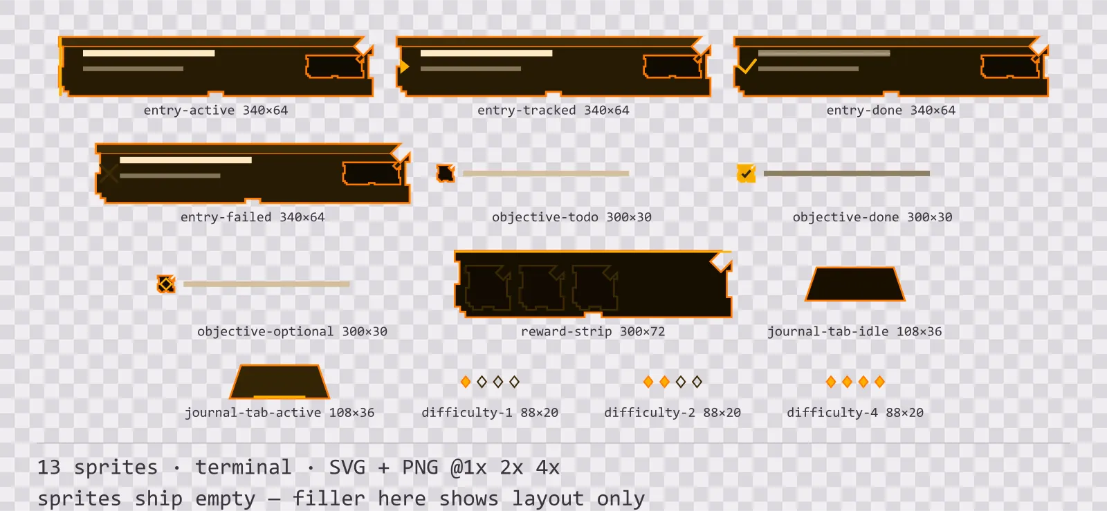 Sheet showing 13 terminal quest log and objective widgets from the Amberterm family, arranged on a transparency checkerboard with their pixel sizes printed underneath