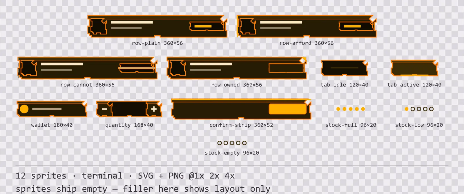 Sheet showing 12 terminal shop and economy widgets from the Amberterm family, arranged on a transparency checkerboard with their pixel sizes printed underneath