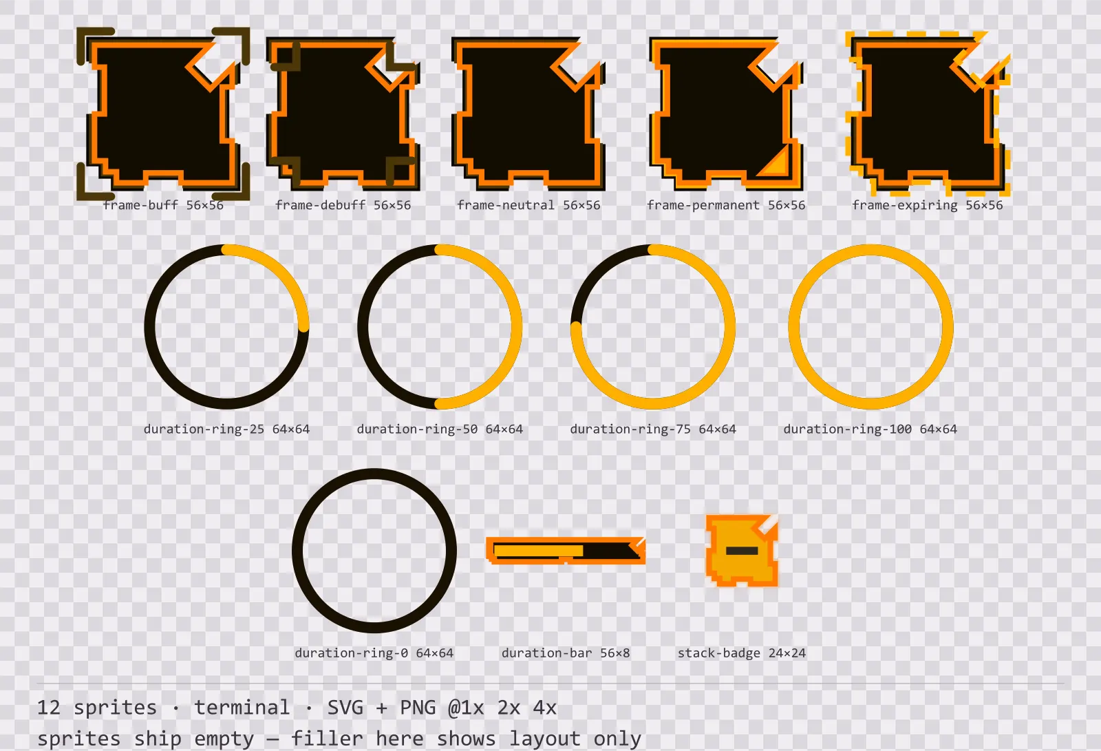 Sheet showing 12 terminal status effect frames and duration indicators from the Amberterm family, arranged on a transparency checkerboard with their pixel sizes printed underneath