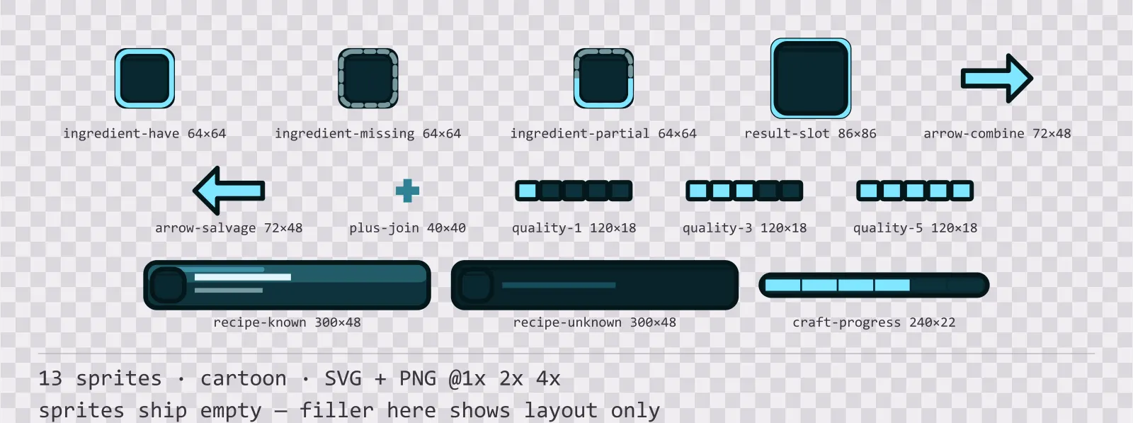 Sheet showing 13 cartoon crafting and recipe widgets from the Aqua family, arranged on a transparency checkerboard with their pixel sizes printed underneath