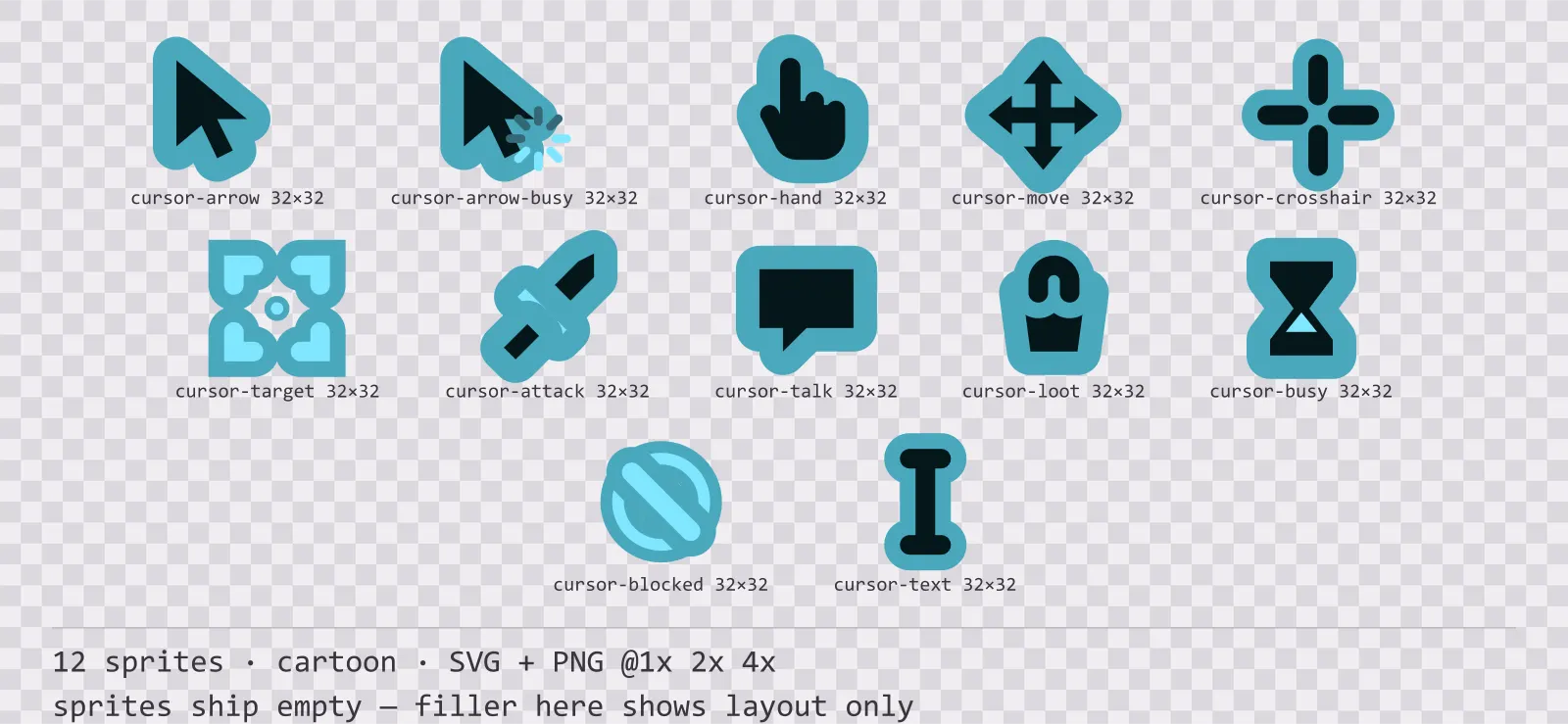 Sheet showing 12 cartoon mouse cursors from the Aqua family, arranged on a transparency checkerboard with their pixel sizes printed underneath