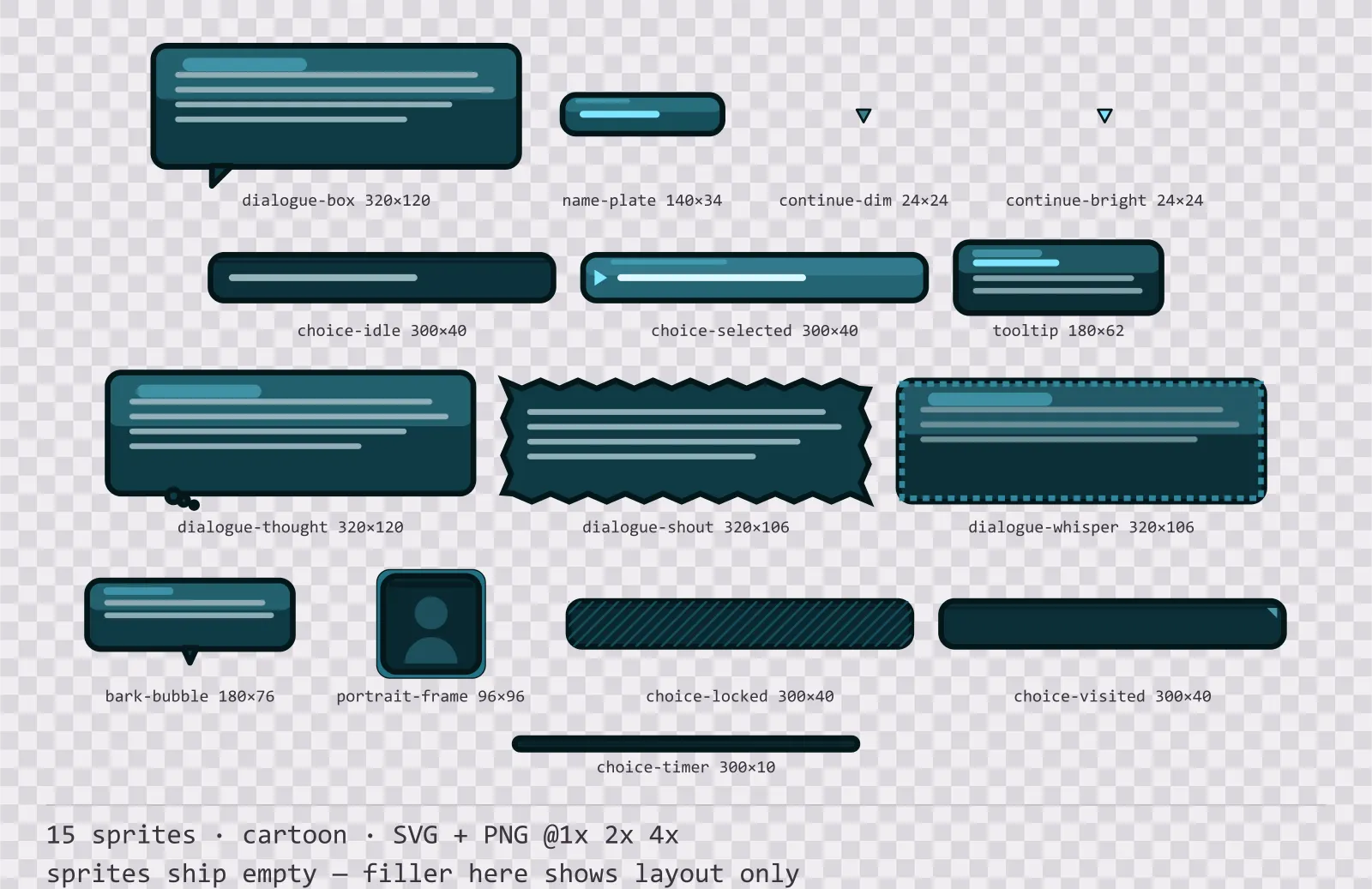 Sheet showing 15 cartoon dialogue components from the Aqua family, arranged on a transparency checkerboard with their pixel sizes printed underneath