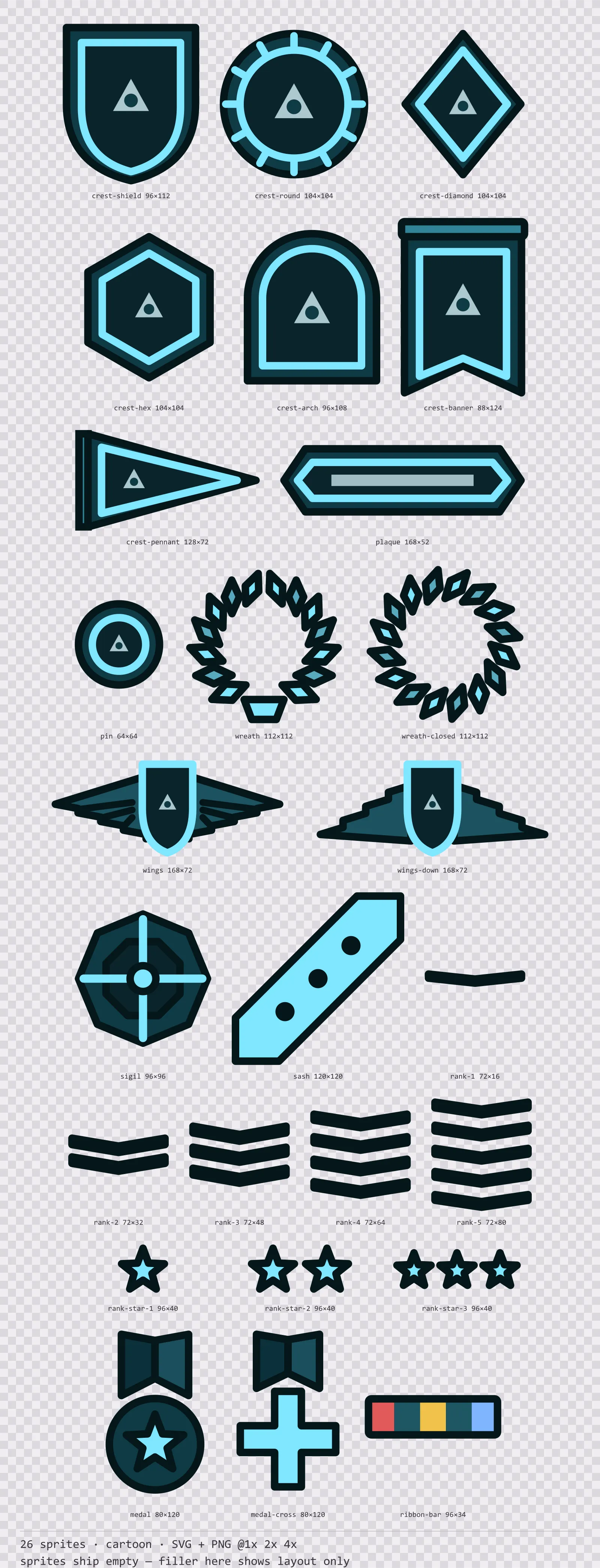 Sheet showing 26 cartoon crests, insignia and rank marks from the Aqua family, arranged on a transparency checkerboard with their pixel sizes printed underneath