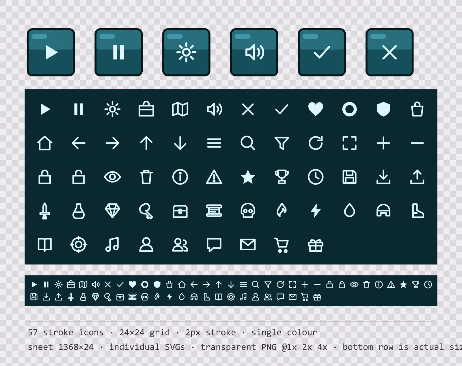 57 outlined game menu icons on glassy teal tiles, shown large, laid out on a sheet grid, and again at actual 24 pixel size