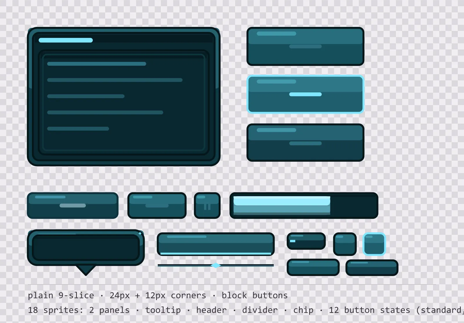 glassy teal game menu panel with a ice blue title strip and a recessed list area, next to a column showing the same square button in default, outlined hover and pushed-in pressed states