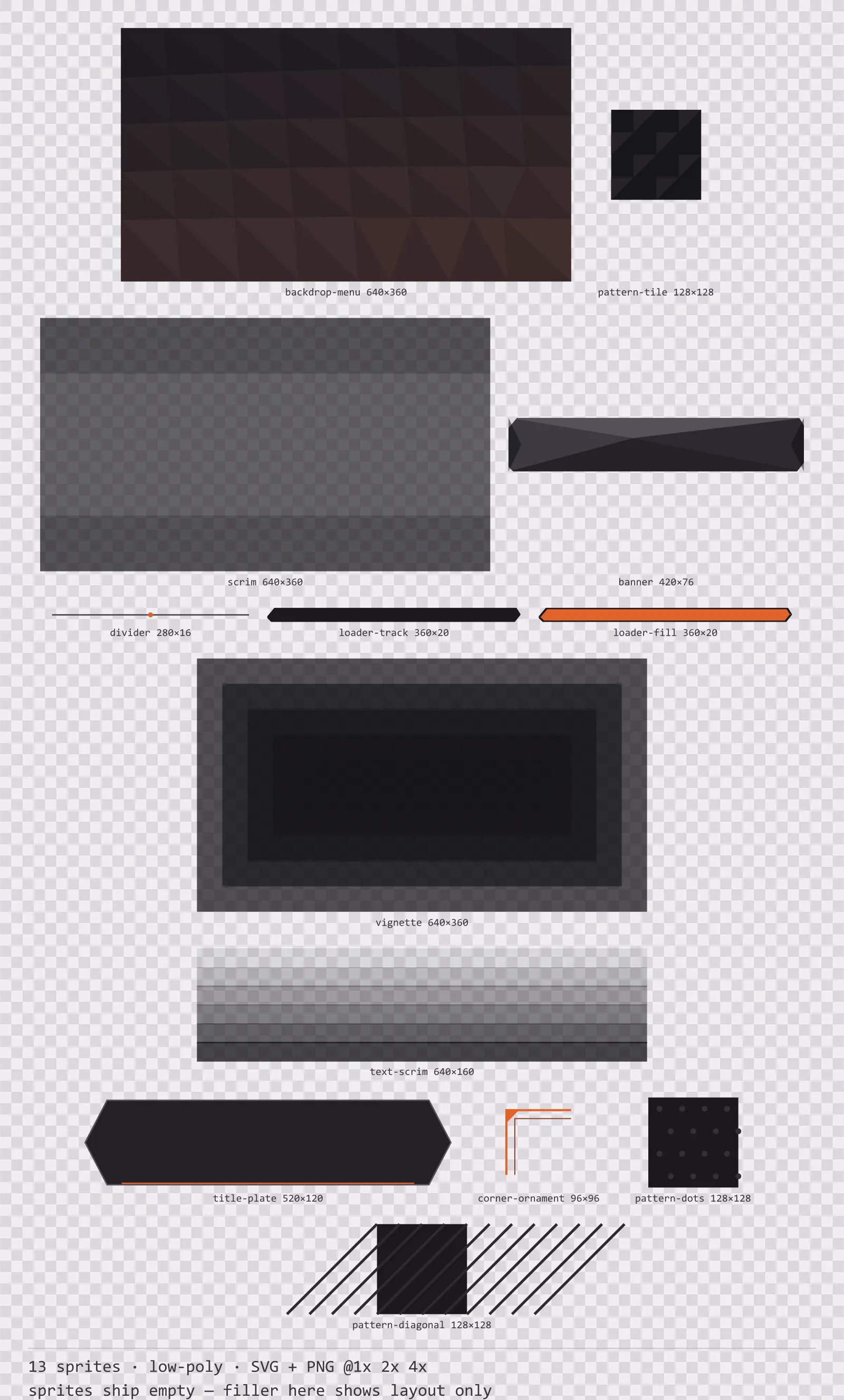 Sheet showing 13 low-poly background and overlay pieces from the Basalt family, arranged on a transparency checkerboard with their pixel sizes printed underneath