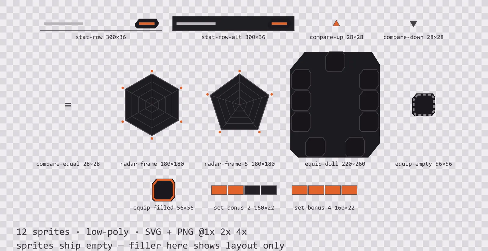 Sheet showing 12 low-poly character sheet and stat widgets from the Basalt family, arranged on a transparency checkerboard with their pixel sizes printed underneath