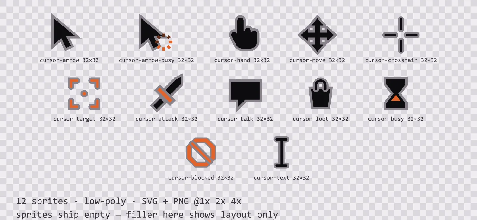 Sheet showing 12 low-poly mouse cursors from the Basalt family, arranged on a transparency checkerboard with their pixel sizes printed underneath