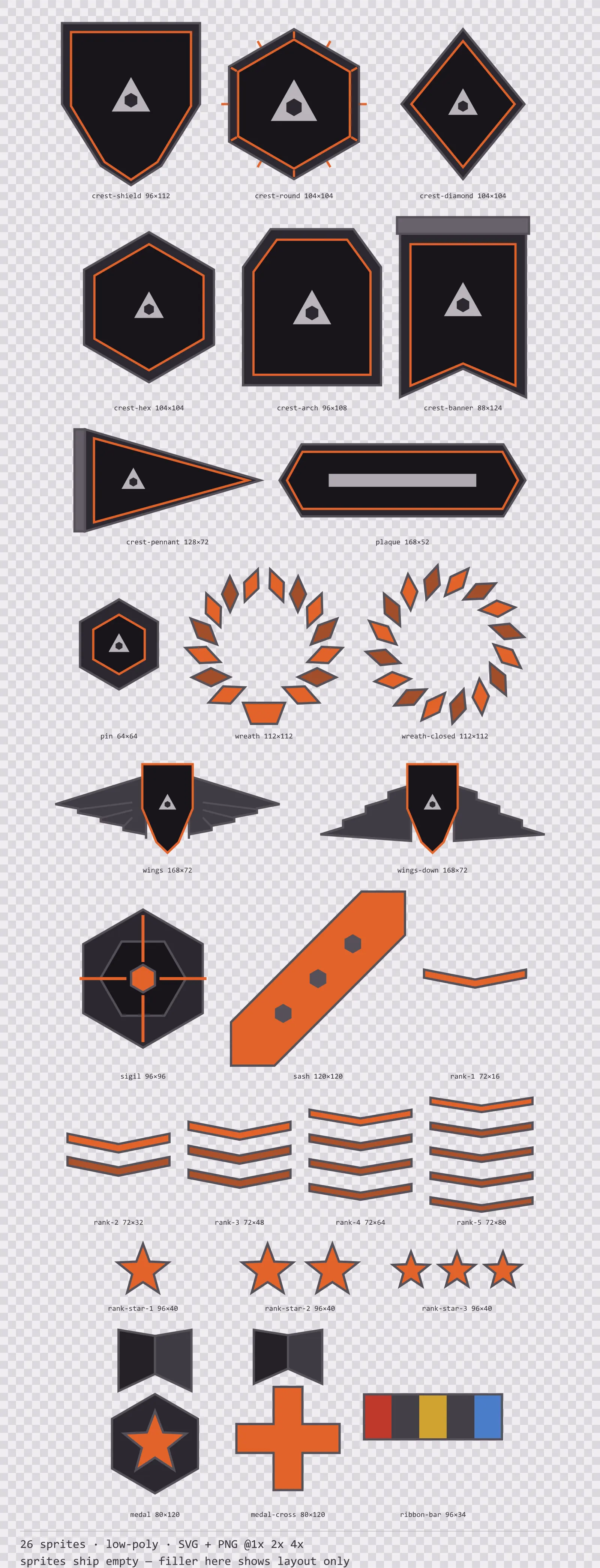 Sheet showing 26 low-poly crests, insignia and rank marks from the Basalt family, arranged on a transparency checkerboard with their pixel sizes printed underneath