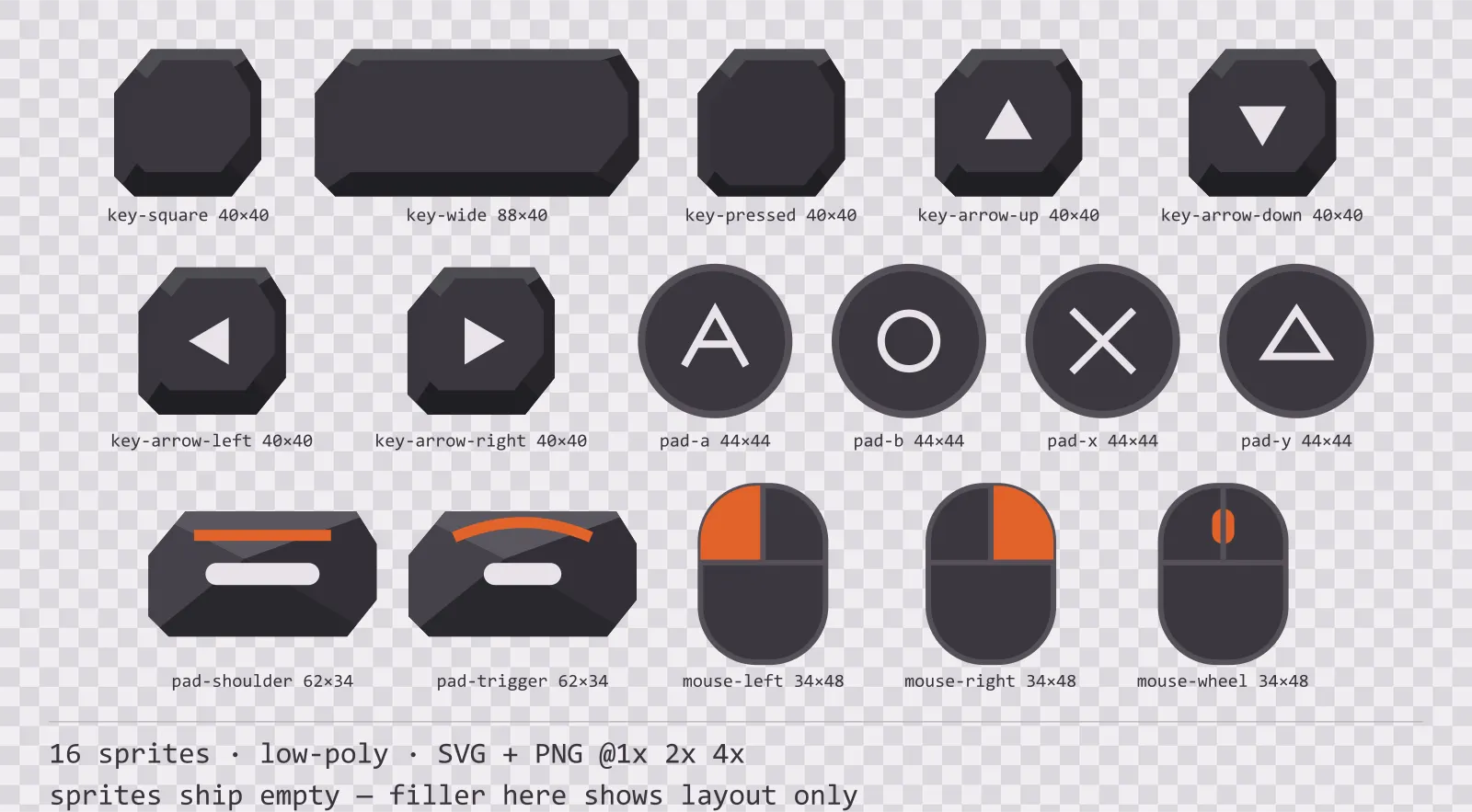 Sheet showing 16 low-poly input prompt sprites from the Basalt family, arranged on a transparency checkerboard with their pixel sizes printed underneath