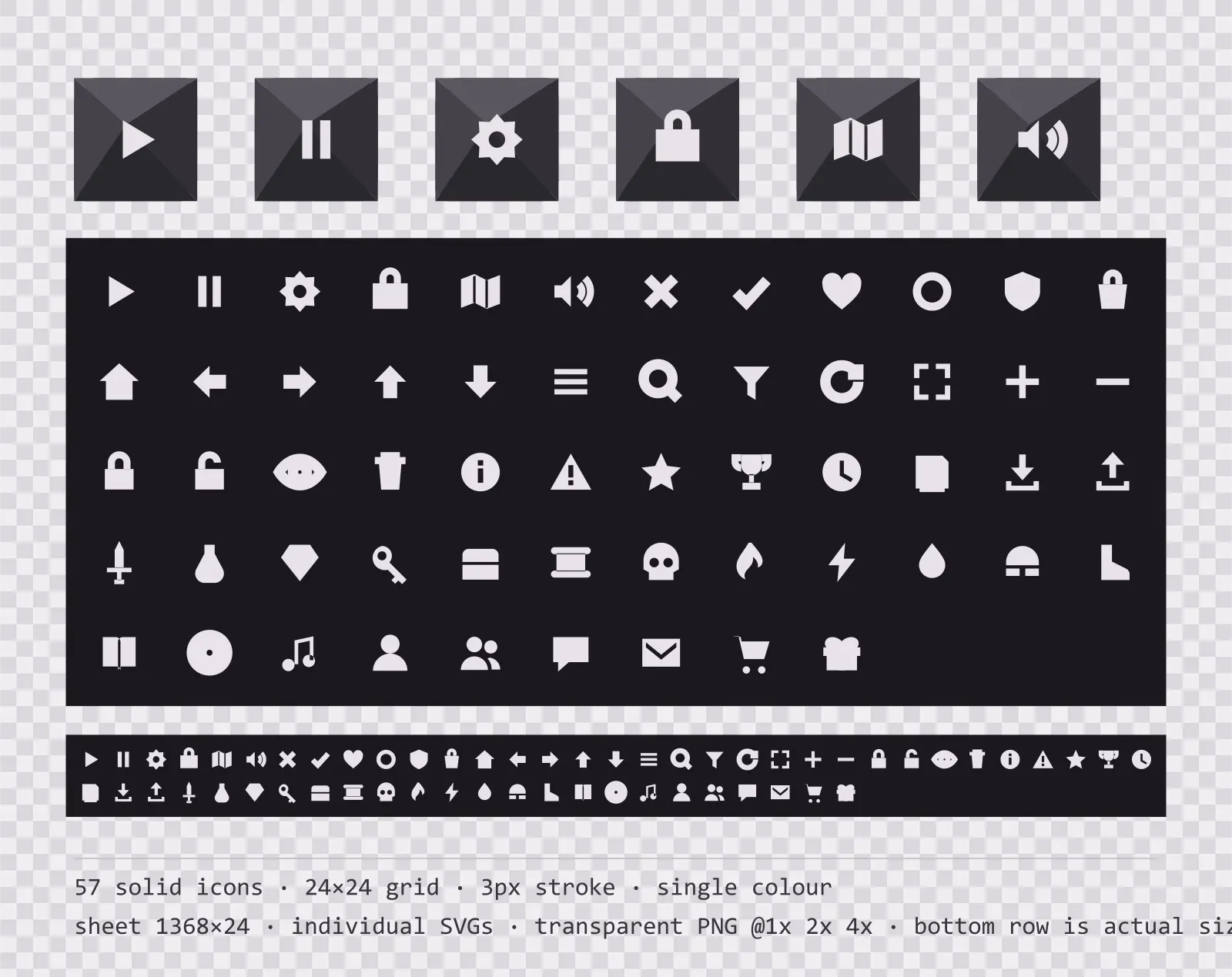 57 solid game menu icons on volcanic rock tiles, shown large, laid out on a sheet grid, and again at actual 24 pixel size