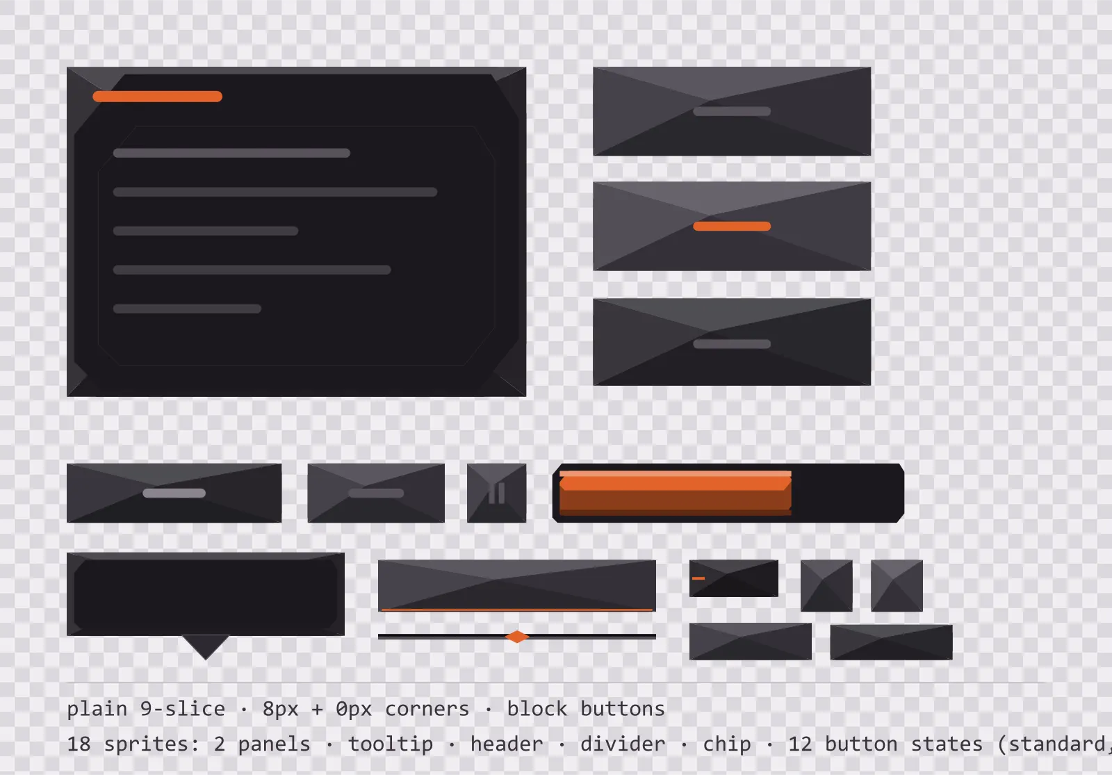 volcanic rock game menu panel with a magma orange title strip and a recessed list area, next to a column showing the same square button in default, outlined hover and pushed-in pressed states