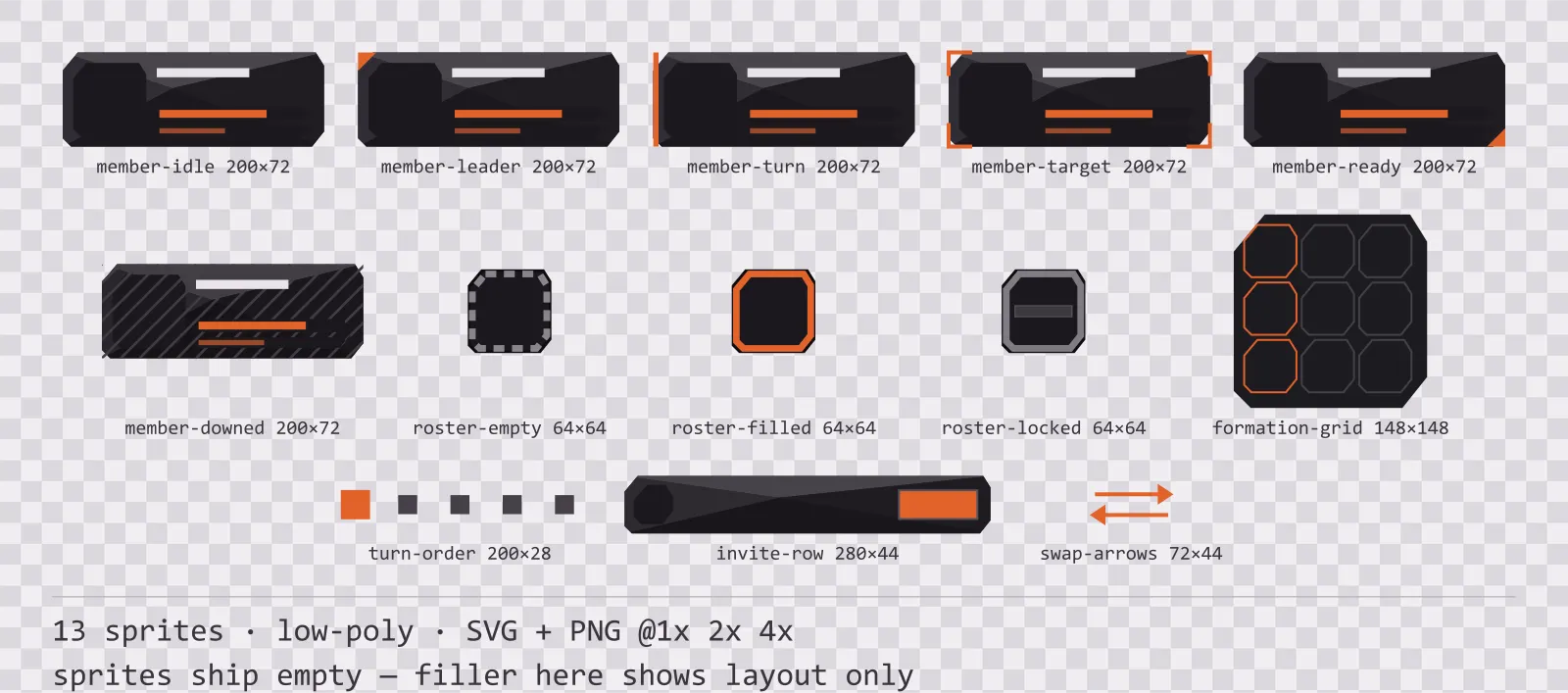 Sheet showing 13 low-poly party and roster widgets from the Basalt family, arranged on a transparency checkerboard with their pixel sizes printed underneath