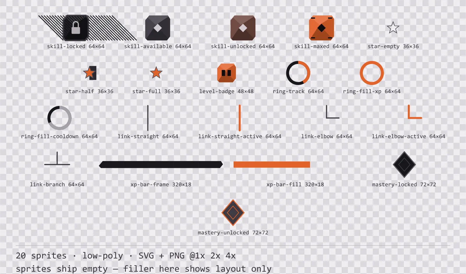 Sheet showing 20 low-poly progression and reward components from the Basalt family, arranged on a transparency checkerboard with their pixel sizes printed underneath