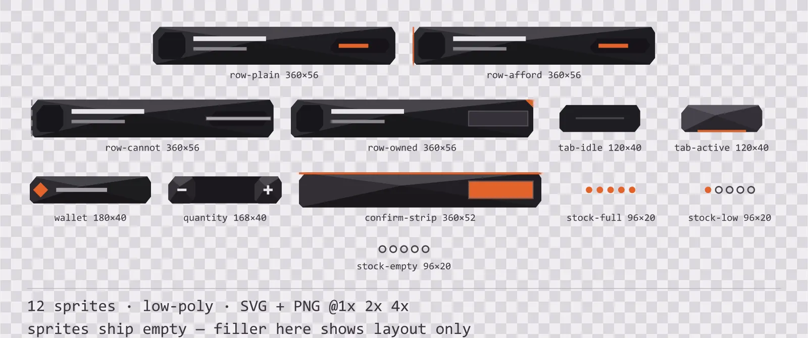 Sheet showing 12 low-poly shop and economy widgets from the Basalt family, arranged on a transparency checkerboard with their pixel sizes printed underneath