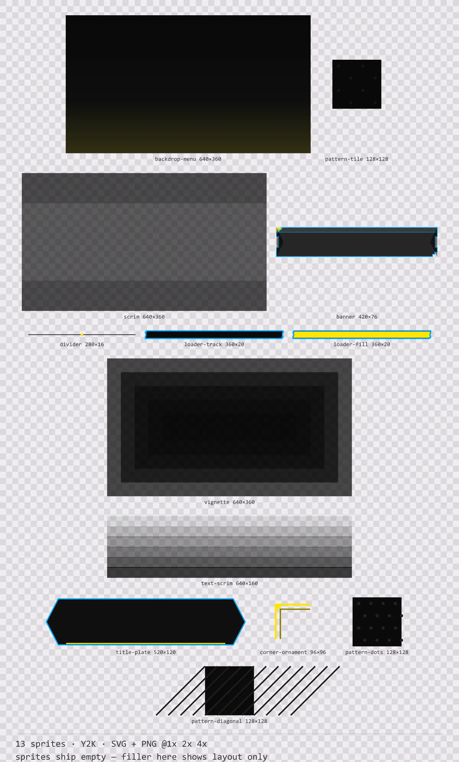 Sheet showing 13 Y2K background and overlay pieces from the Bitrush family, arranged on a transparency checkerboard with their pixel sizes printed underneath