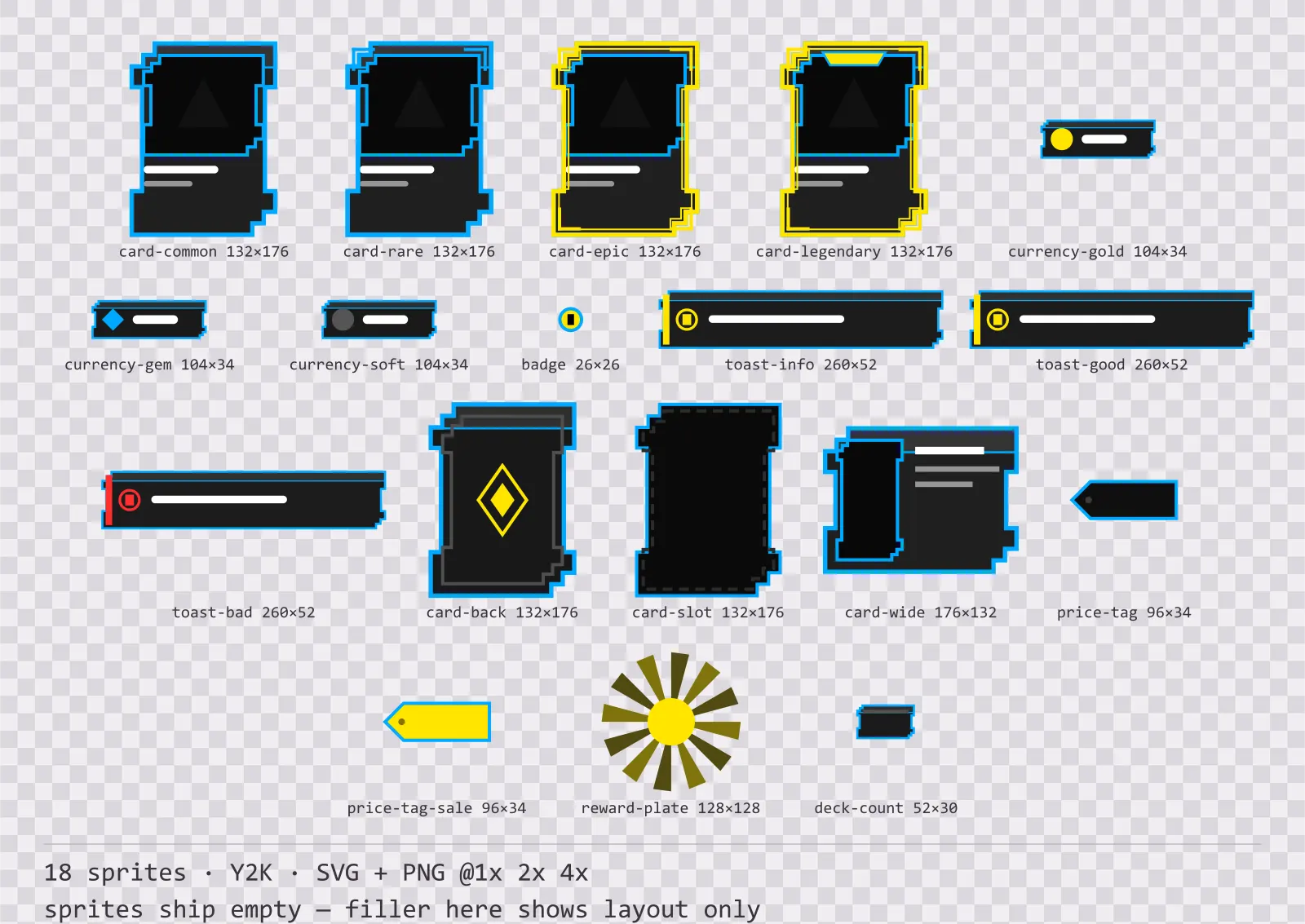 Sheet showing 18 Y2K card, currency and notification components from the Bitrush family, arranged on a transparency checkerboard with their pixel sizes printed underneath