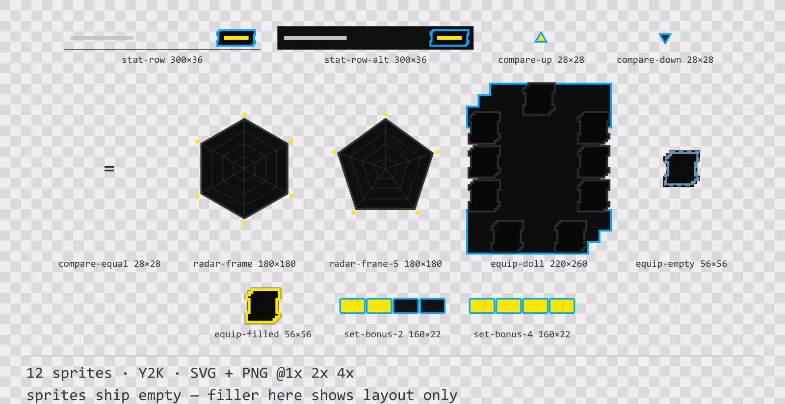 Sheet showing 12 Y2K character sheet and stat widgets from the Bitrush family, arranged on a transparency checkerboard with their pixel sizes printed underneath