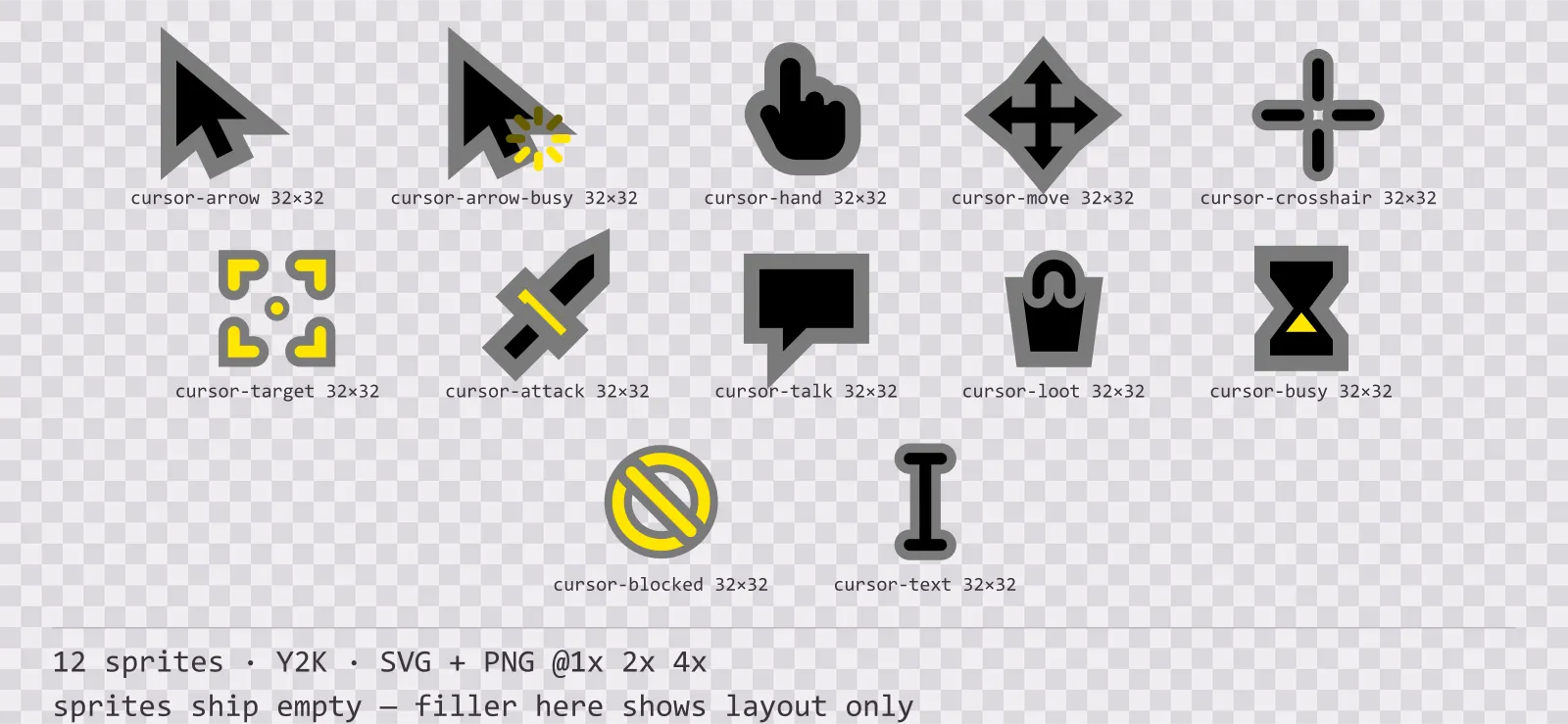 Sheet showing 12 Y2K mouse cursors from the Bitrush family, arranged on a transparency checkerboard with their pixel sizes printed underneath