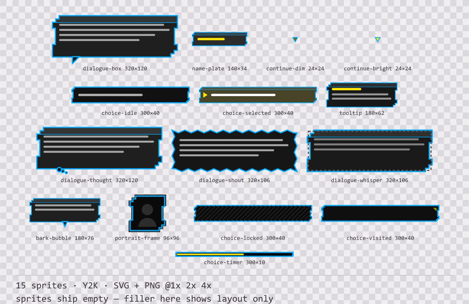 Sheet showing 15 Y2K dialogue components from the Bitrush family, arranged on a transparency checkerboard with their pixel sizes printed underneath