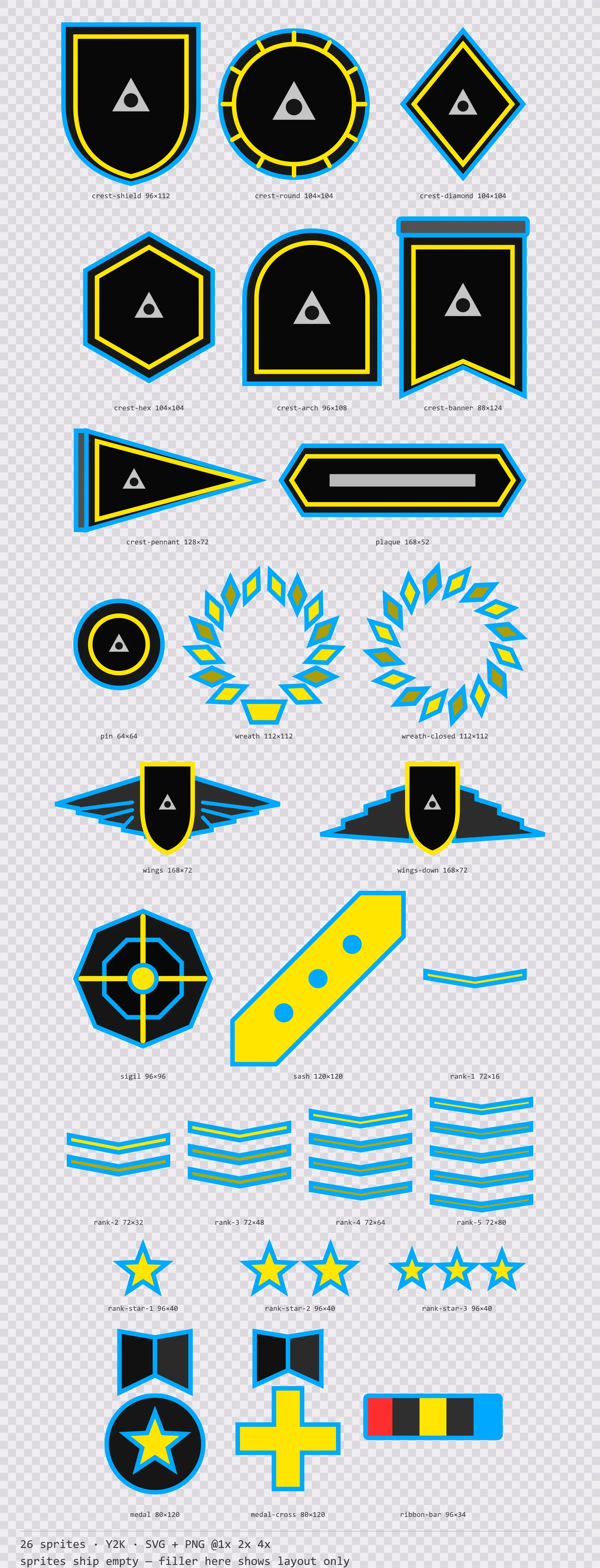 Sheet showing 26 Y2K crests, insignia and rank marks from the Bitrush family, arranged on a transparency checkerboard with their pixel sizes printed underneath