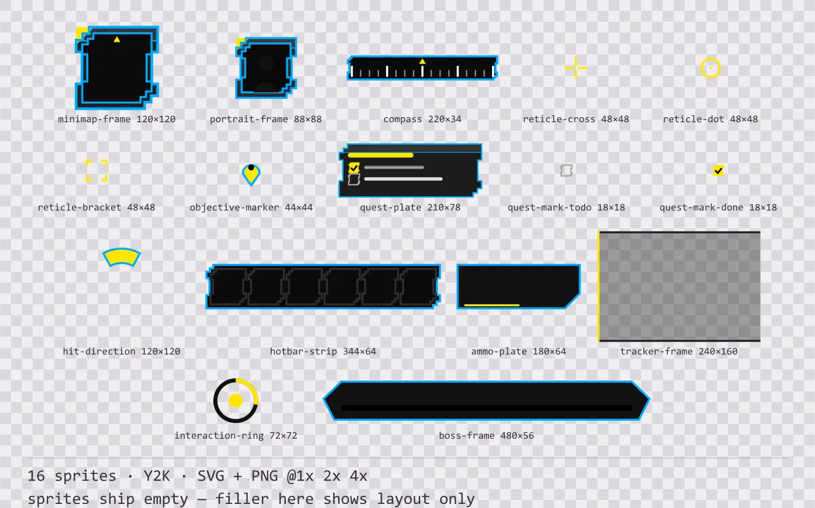 Sheet showing 16 Y2K heads-up display frames from the Bitrush family, arranged on a transparency checkerboard with their pixel sizes printed underneath