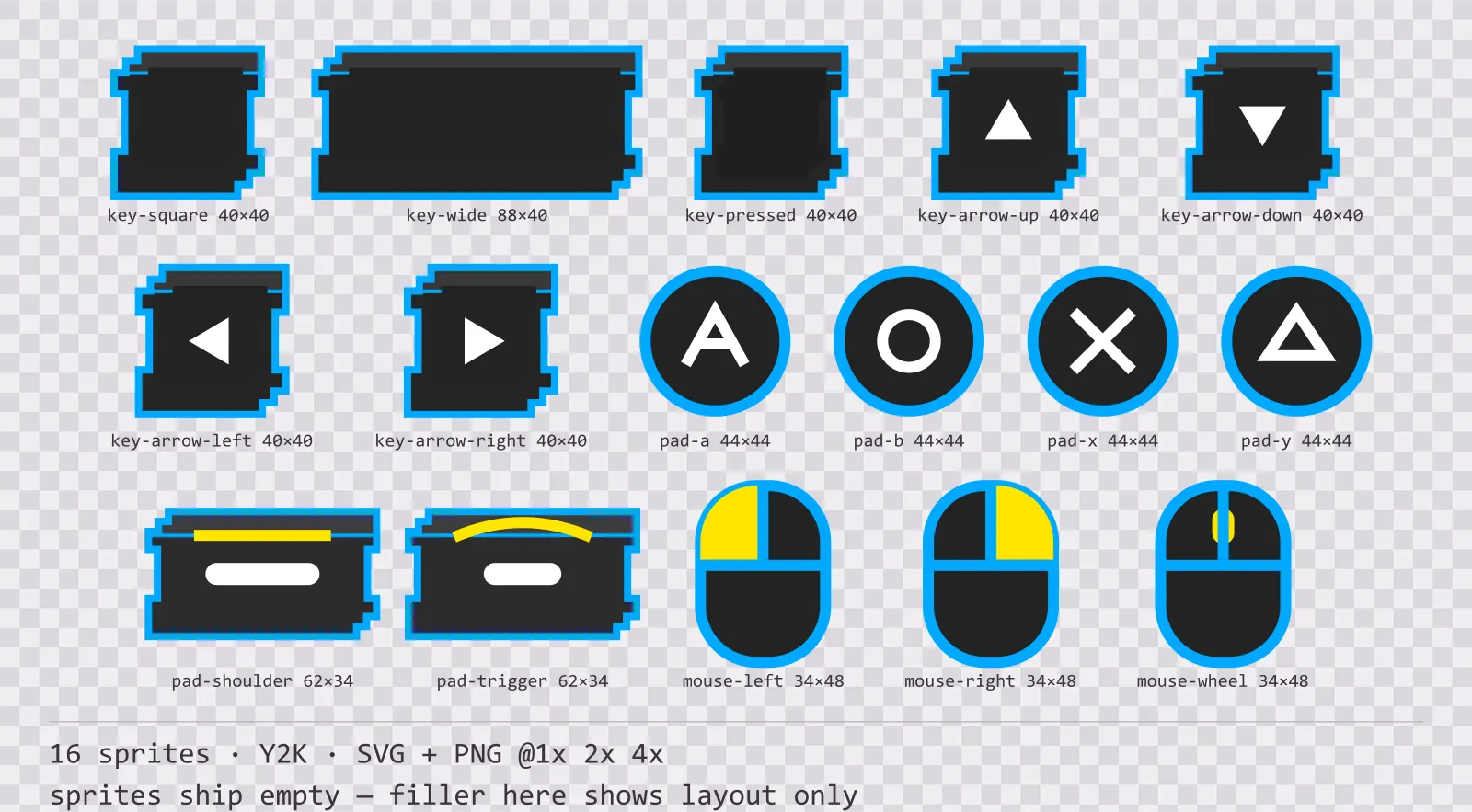 Sheet showing 16 Y2K input prompt sprites from the Bitrush family, arranged on a transparency checkerboard with their pixel sizes printed underneath